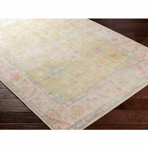 Antique Distressed Finished Mustard and Light Pink Oushak Design Washable Rug - Image 7