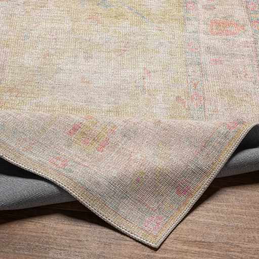Antique Distressed Finished Mustard and Light Pink Oushak Design Washable Rug - Image 8