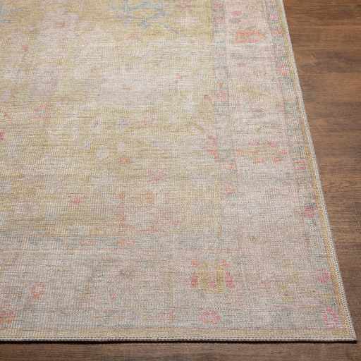 Antique Distressed Finished Mustard and Light Pink Oushak Design Washable Rug - Image 9