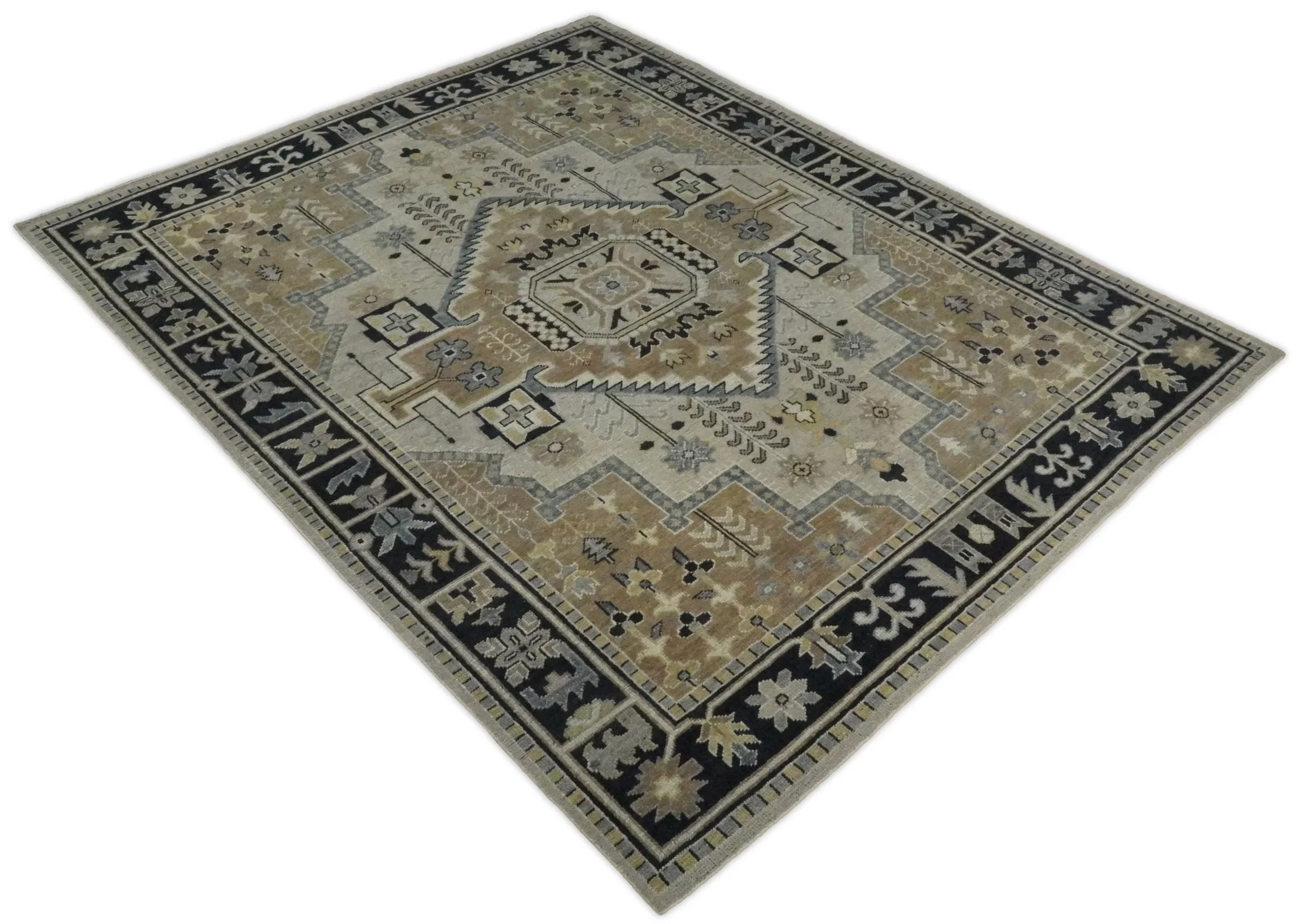 Vintage Distressed Hand Knotted Traditional Heriz Serapi Camel, Ivory and Black Custom Made wool Area Rug - Image 3