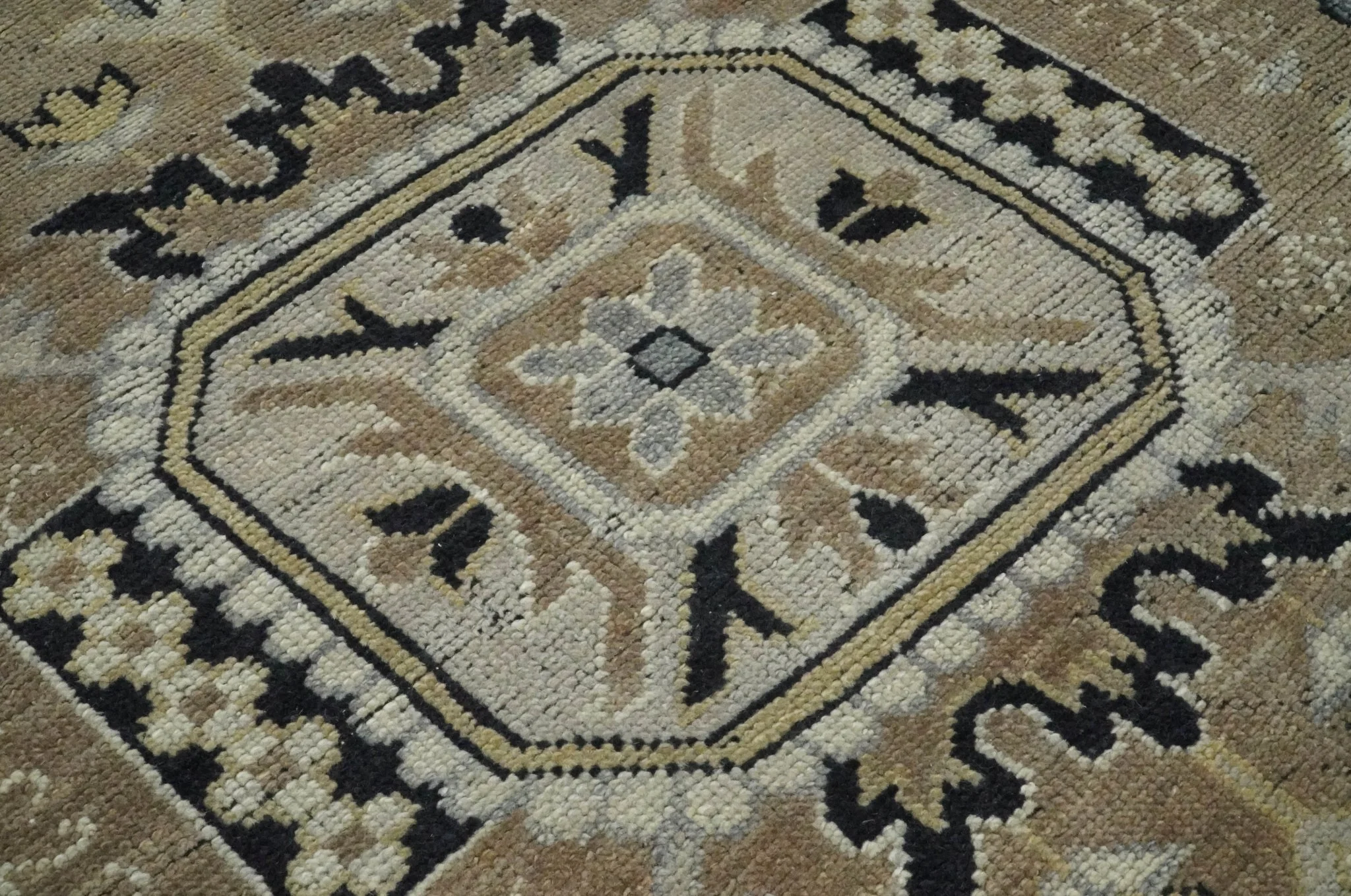 Vintage Distressed Hand Knotted Traditional Heriz Serapi Camel, Ivory and Black Custom Made wool Area Rug - Image 6