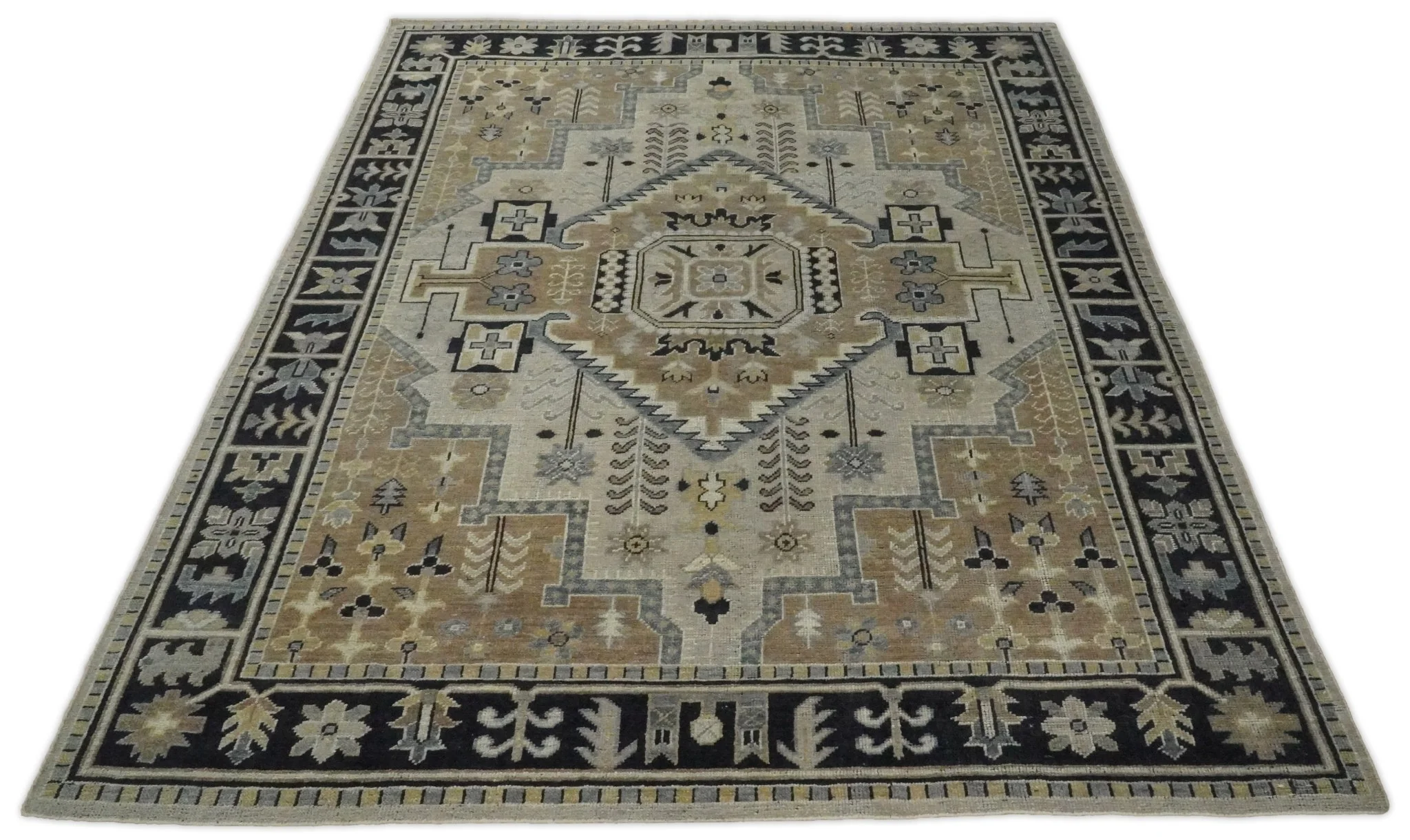 Vintage Distressed Hand Knotted Traditional Heriz Serapi Camel, Ivory and Black Custom Made wool Area Rug - Image 7