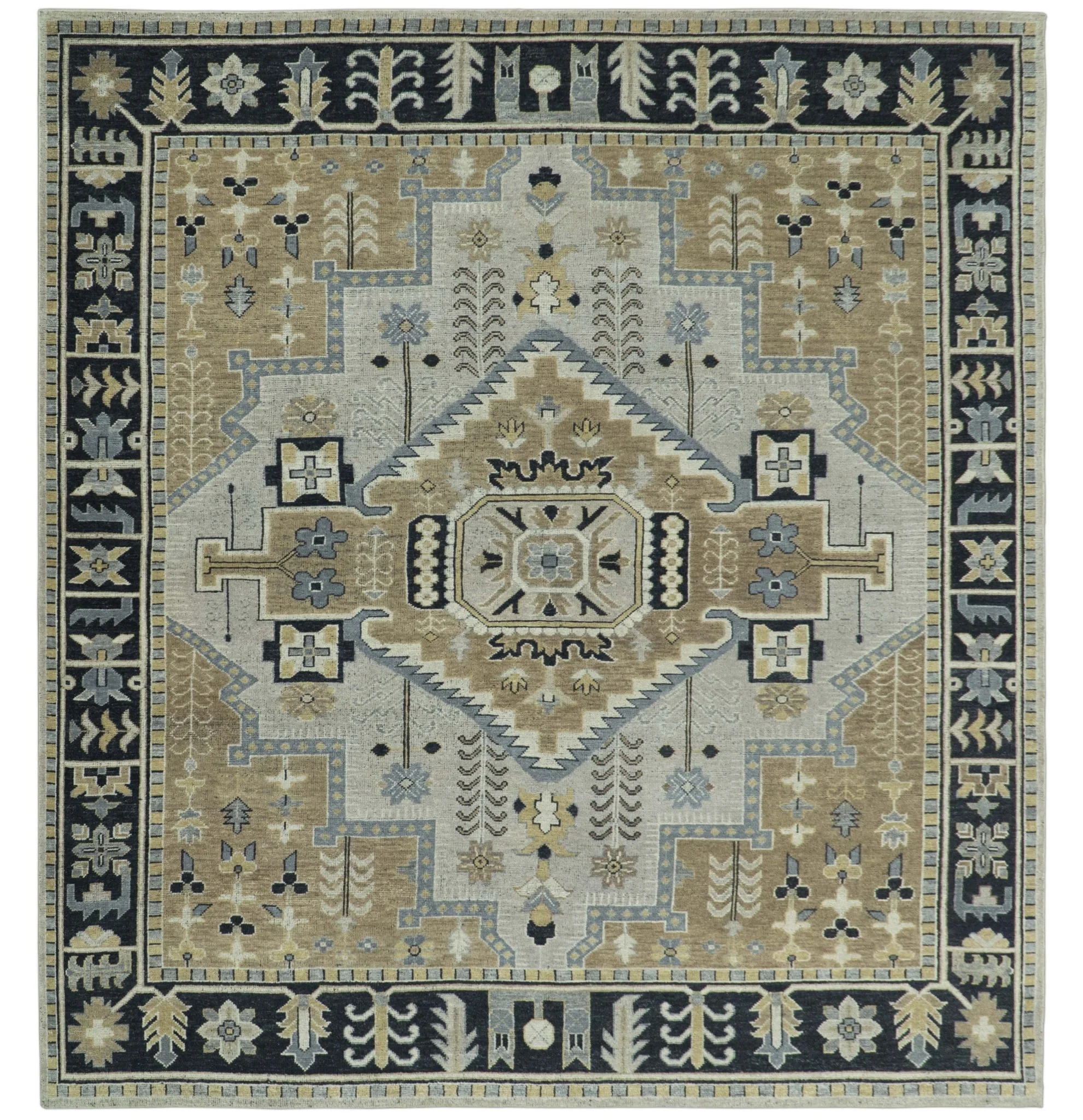 Vintage Distressed Hand Knotted Traditional Heriz Serapi Camel, Ivory and Black Custom Made wool Area Rug - Image 8