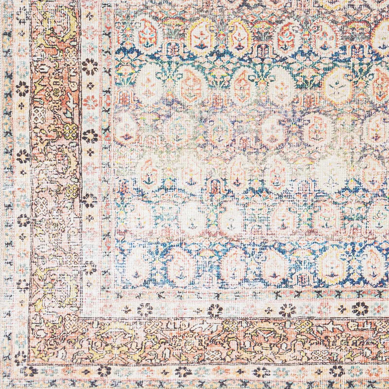 Distressed Look Vintage Style Beige, Rust and Blue Ikat design Machine Washable Rug - Image 11