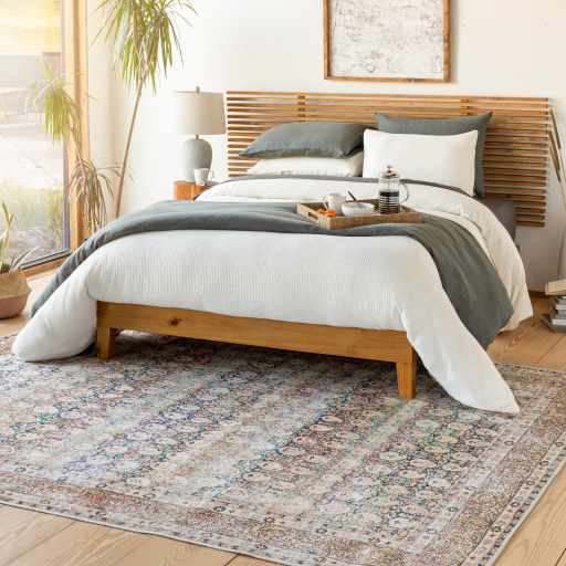 Distressed Look Vintage Style Beige, Rust and Blue Ikat design Machine Washable Rug - Image 12