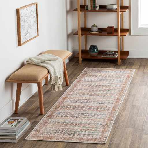 Distressed Look Vintage Style Beige, Rust and Blue Ikat design Machine Washable Rug - Image 18
