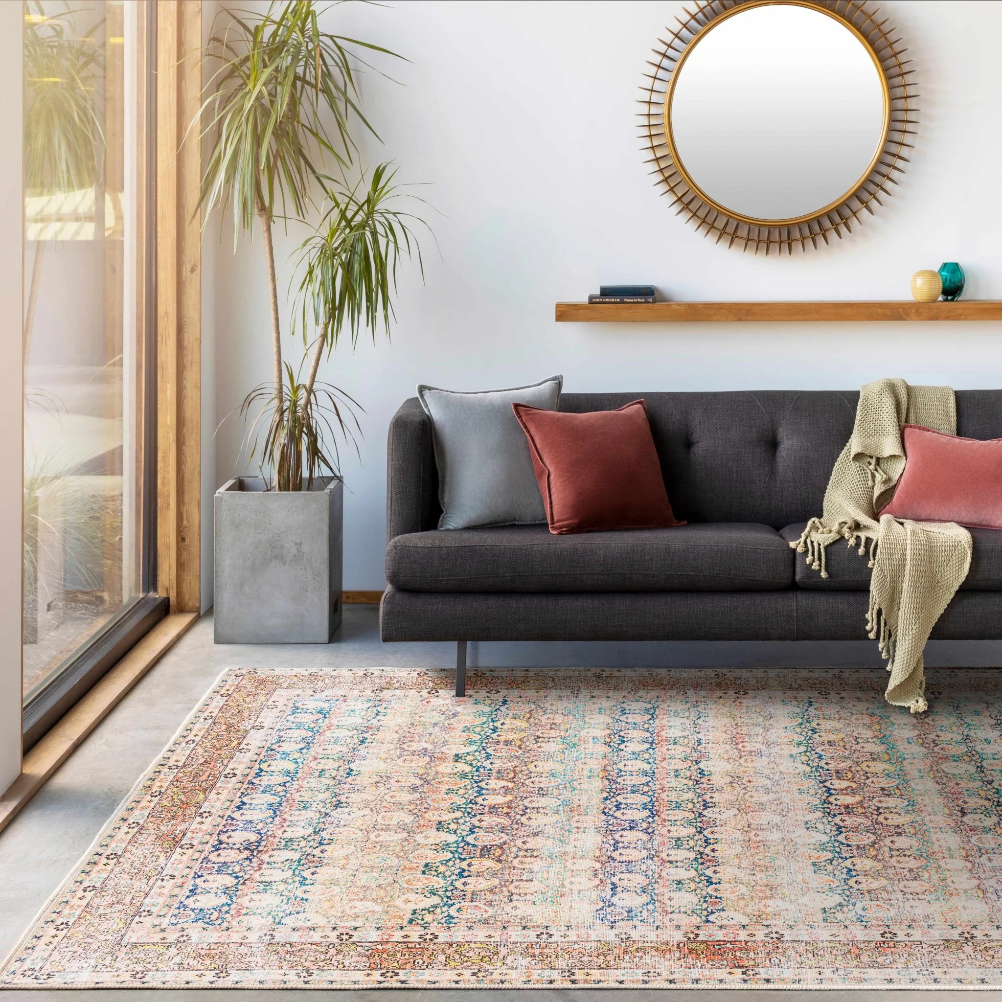 Distressed Look Vintage Style Beige, Rust and Blue Ikat design Machine Washable Rug - Image 19