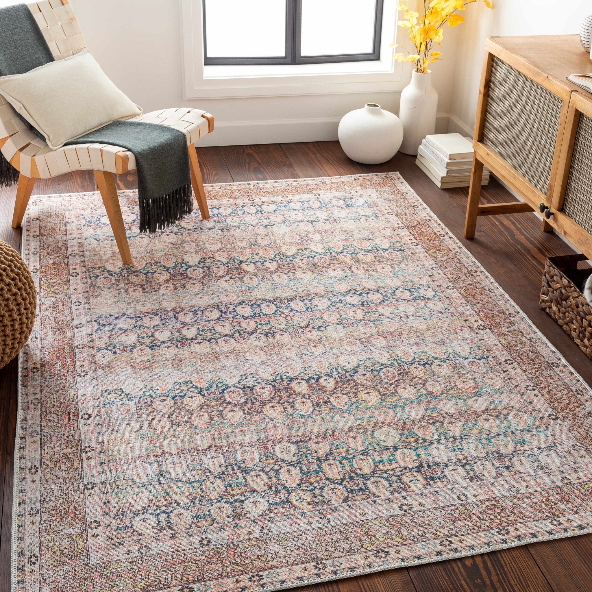 Distressed Look Vintage Style Beige, Rust and Blue Ikat design Machine Washable Rug - Image 20