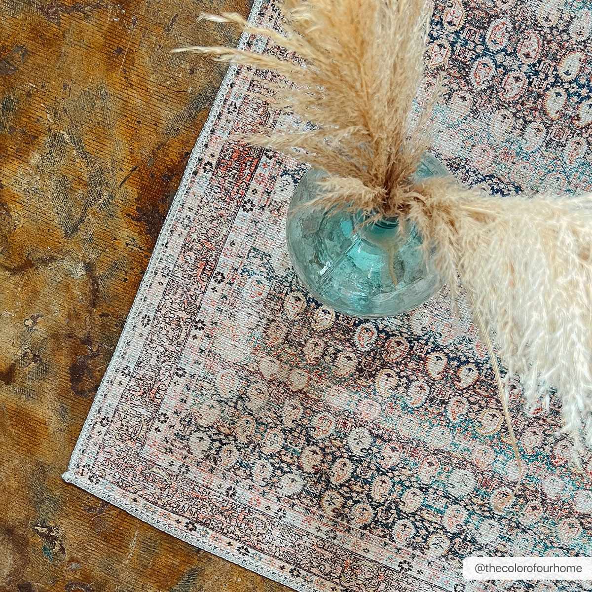 Distressed Look Vintage Style Beige, Rust and Blue Ikat design Machine Washable Rug - Image 3