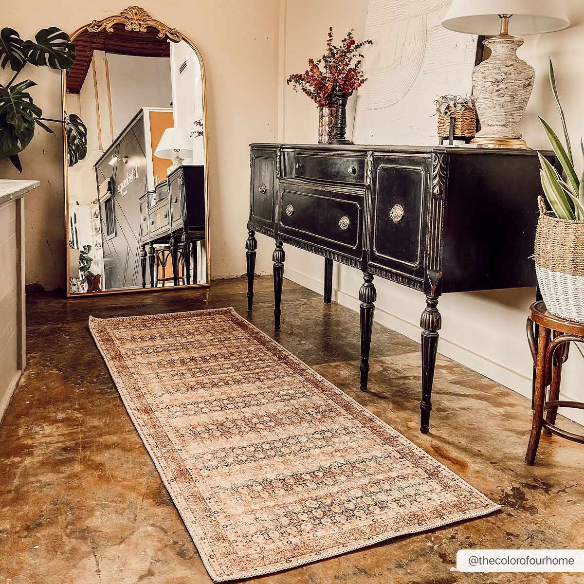 Distressed Look Vintage Style Beige, Rust and Blue Ikat design Machine Washable Rug - Image 5