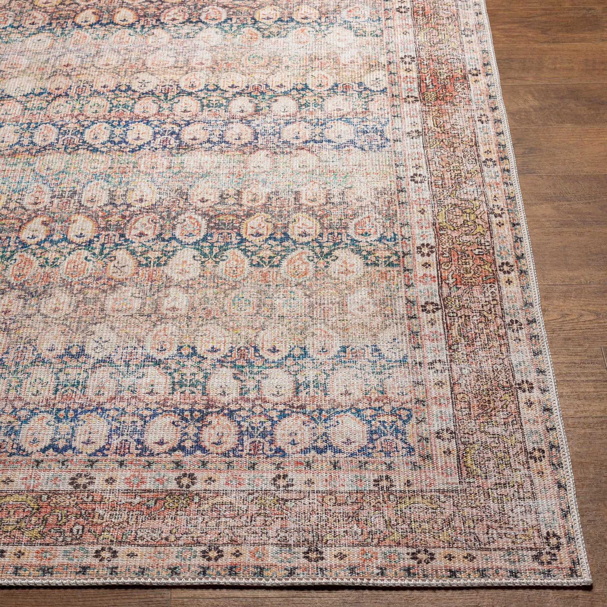 Distressed Look Vintage Style Beige, Rust and Blue Ikat design Machine Washable Rug - Image 7
