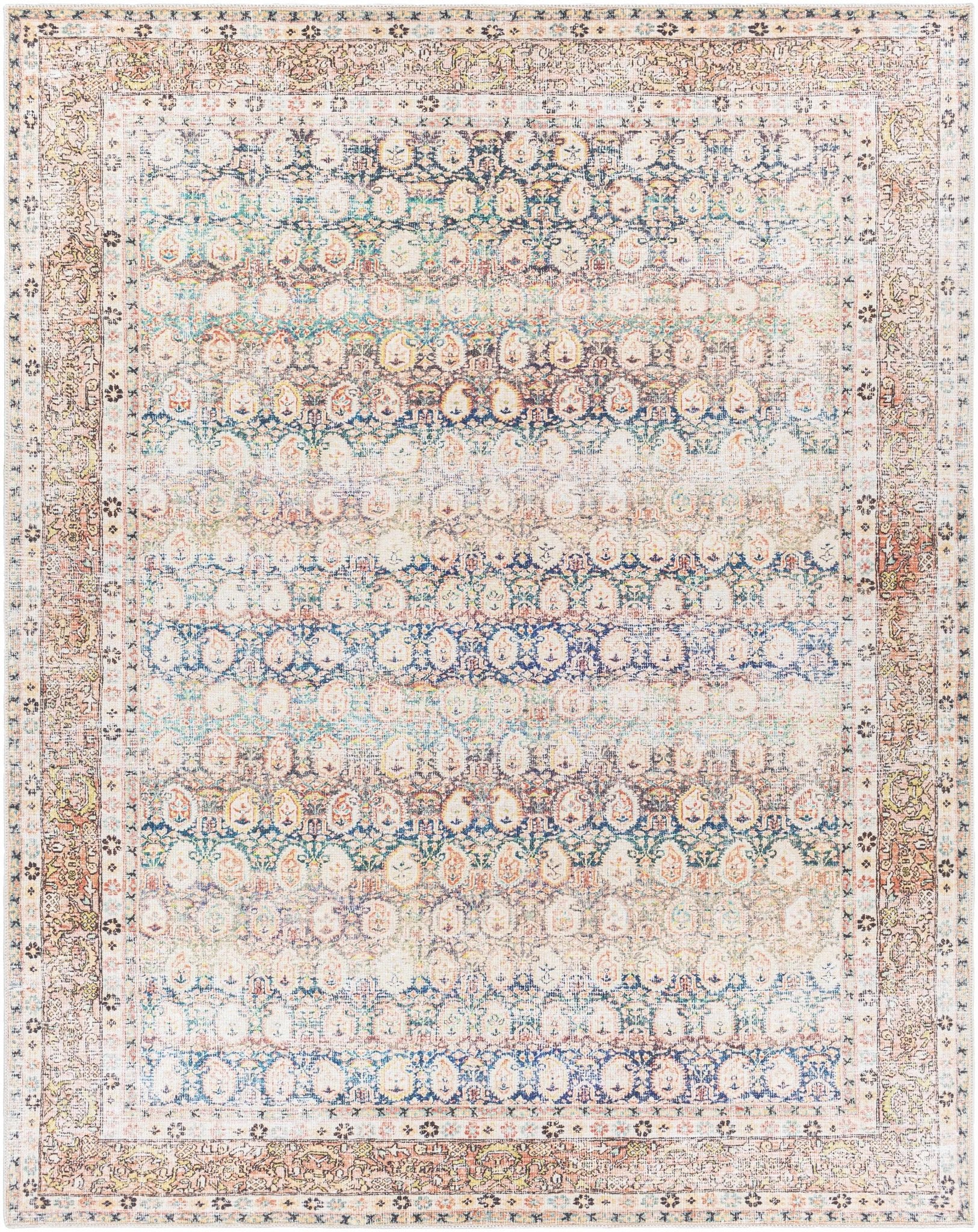 Distressed Look Vintage Style Beige, Rust and Blue Ikat design Machine Washable Rug - Image 9