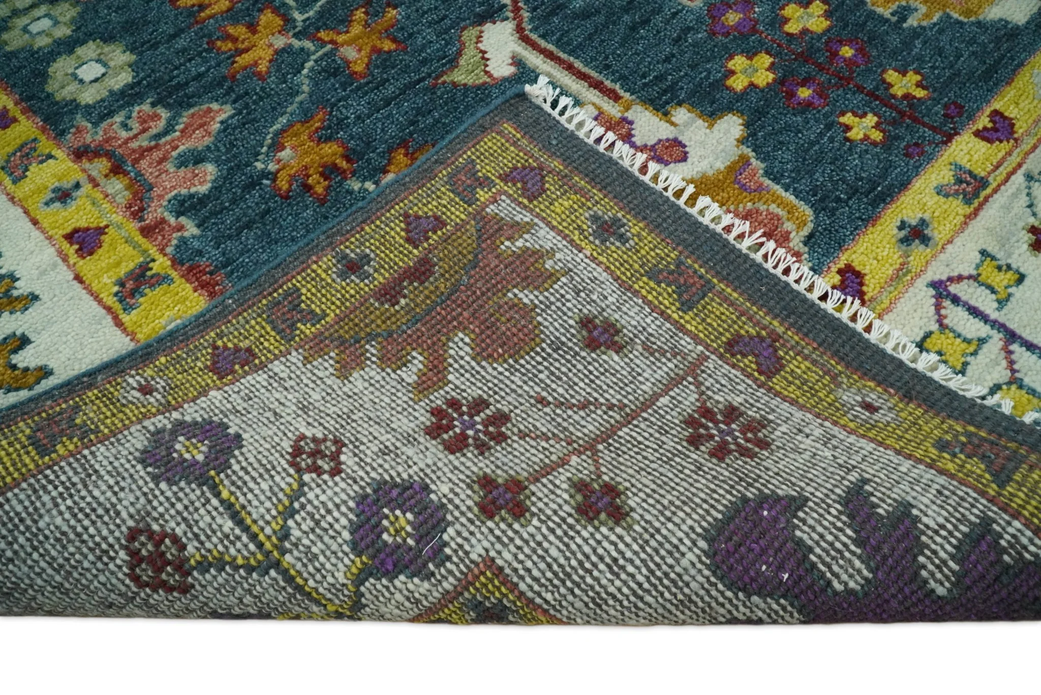 Traditional Floral Teal, Ivory and Mustard Hand Knotted Oriental Oushak Multi Size wool Area Rug - Image 10