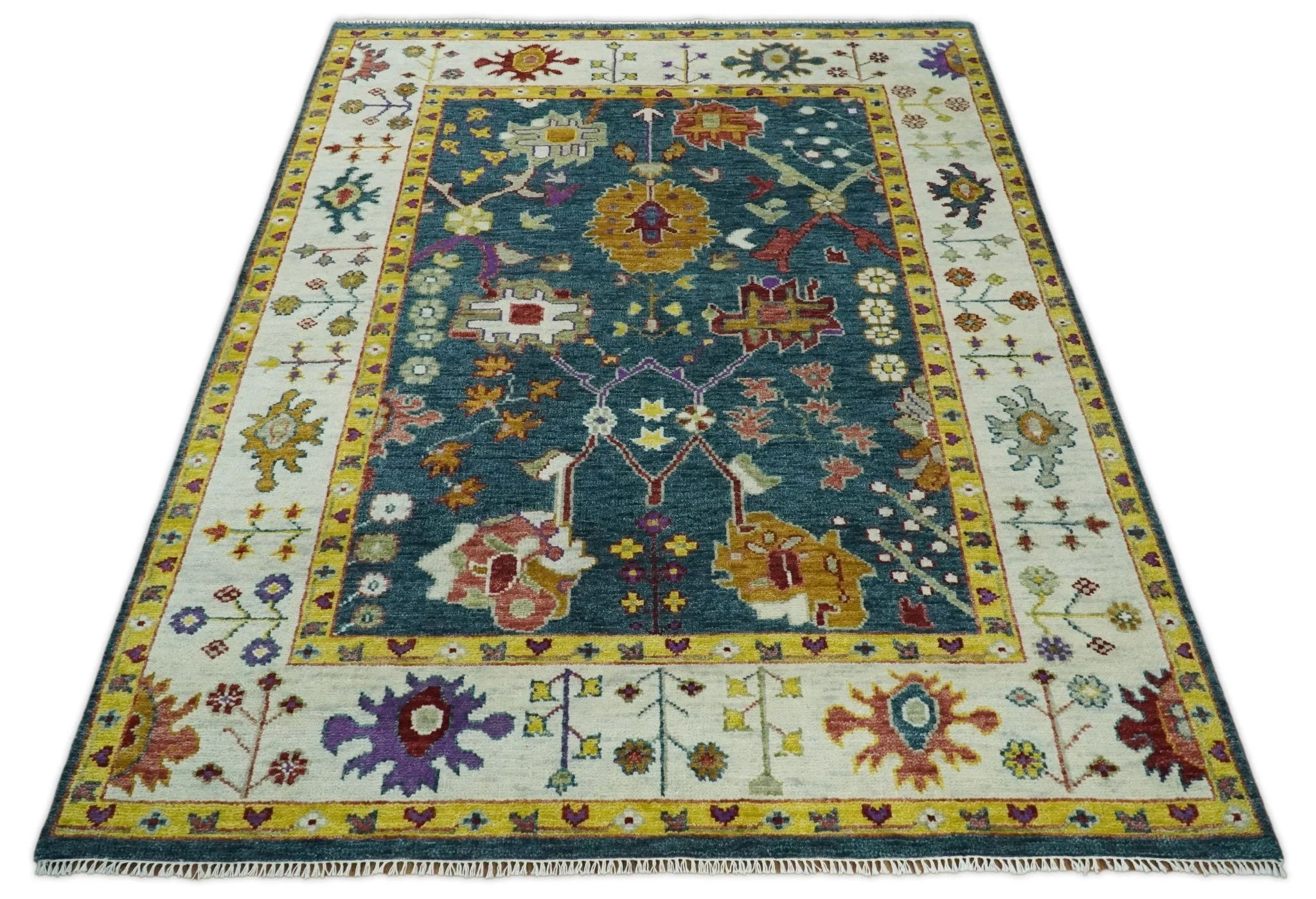 Traditional Floral Teal, Ivory and Mustard Hand Knotted Oriental Oushak Multi Size wool Area Rug - Image 3