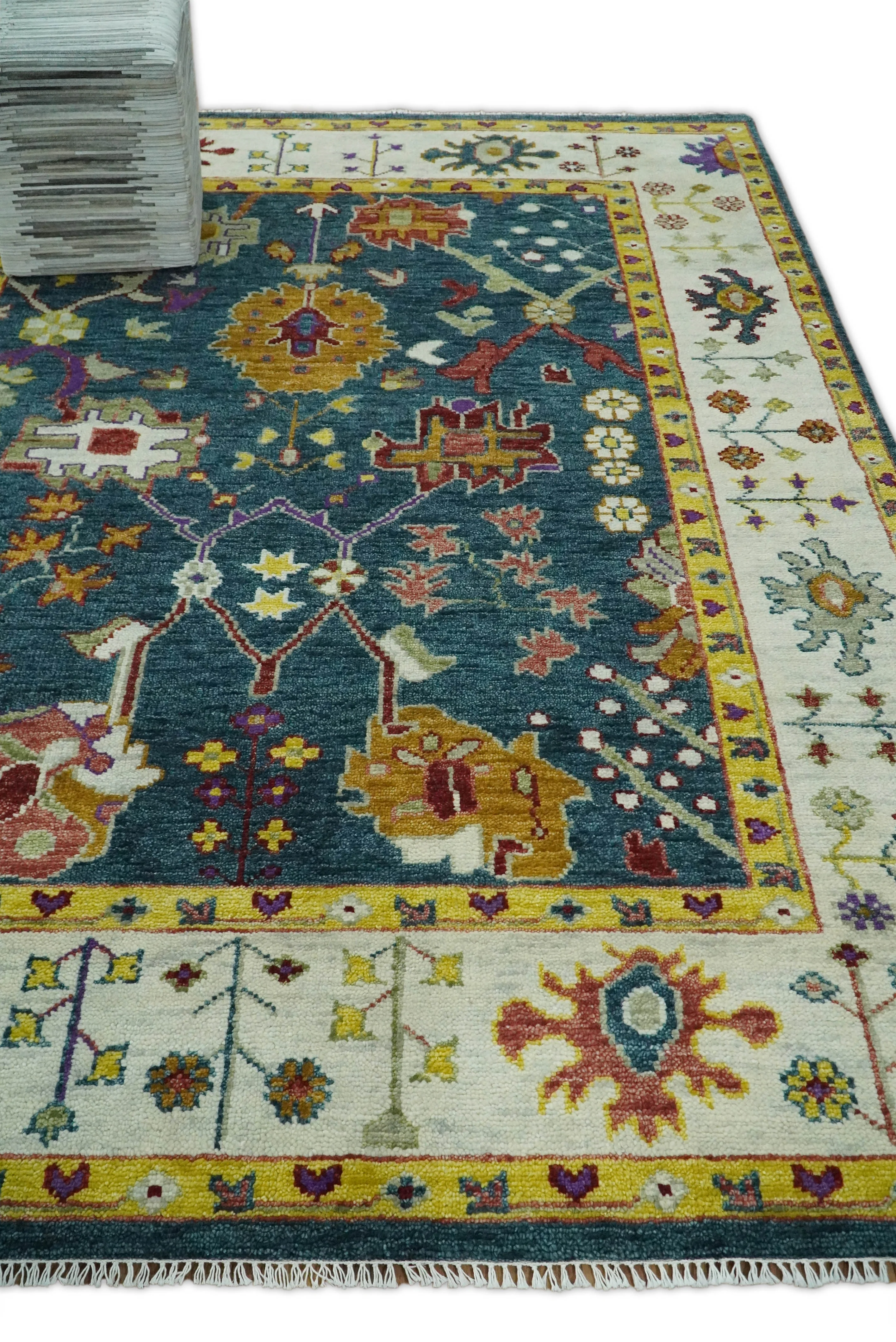 Traditional Floral Teal, Ivory and Mustard Hand Knotted Oriental Oushak Multi Size wool Area Rug - Image 5