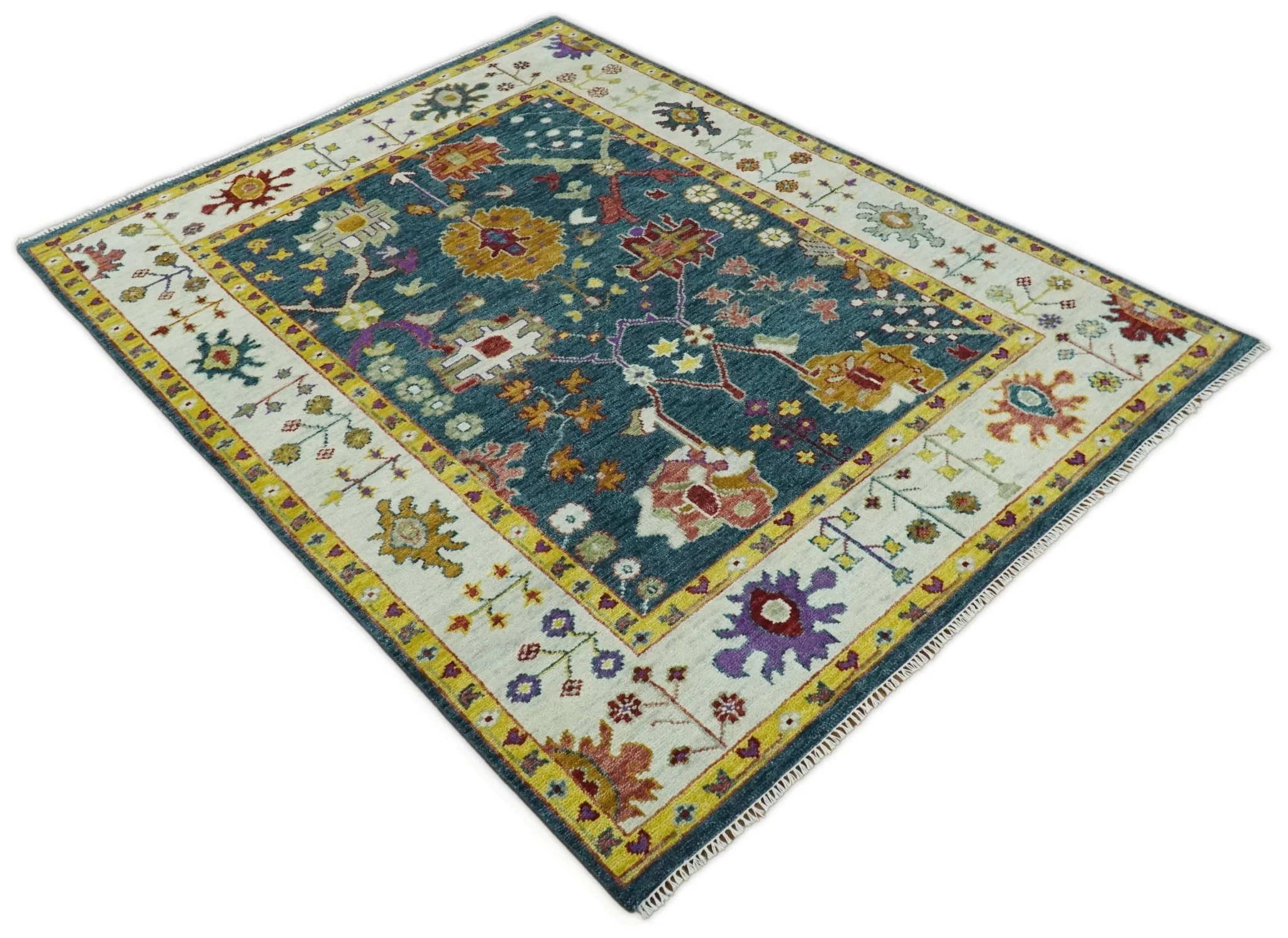 Traditional Floral Teal, Ivory and Mustard Hand Knotted Oriental Oushak Multi Size wool Area Rug - Image 7