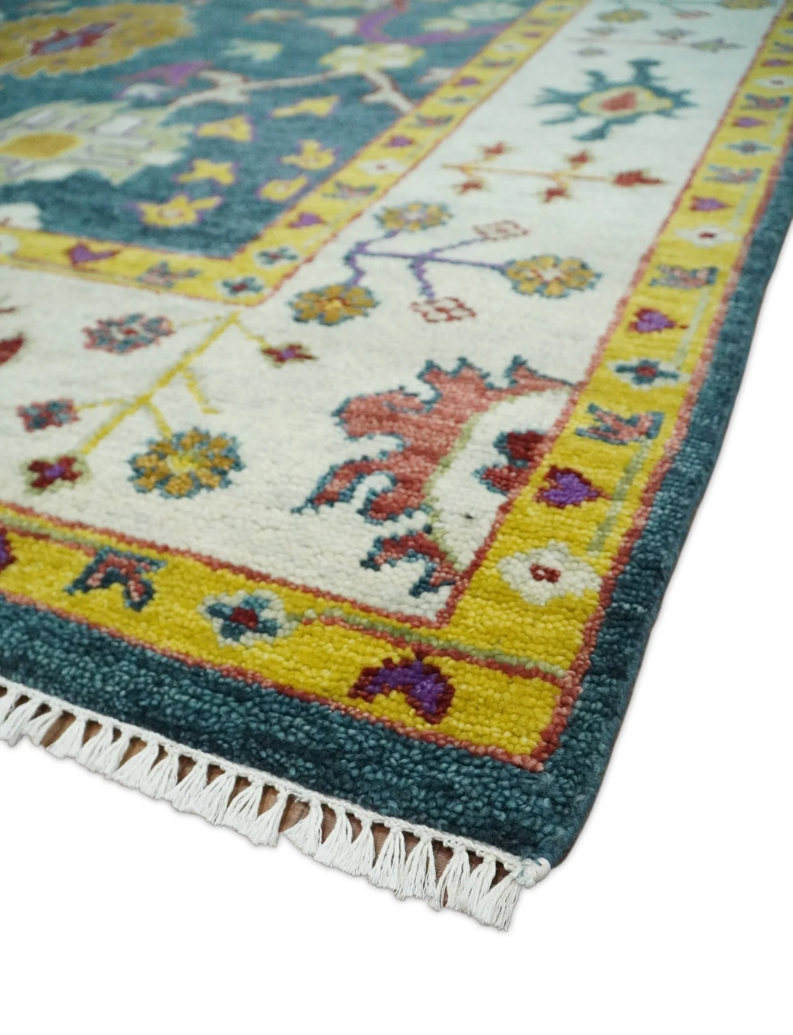 Traditional Floral Teal, Ivory and Mustard Hand Knotted Oriental Oushak Multi Size wool Area Rug - Image 8