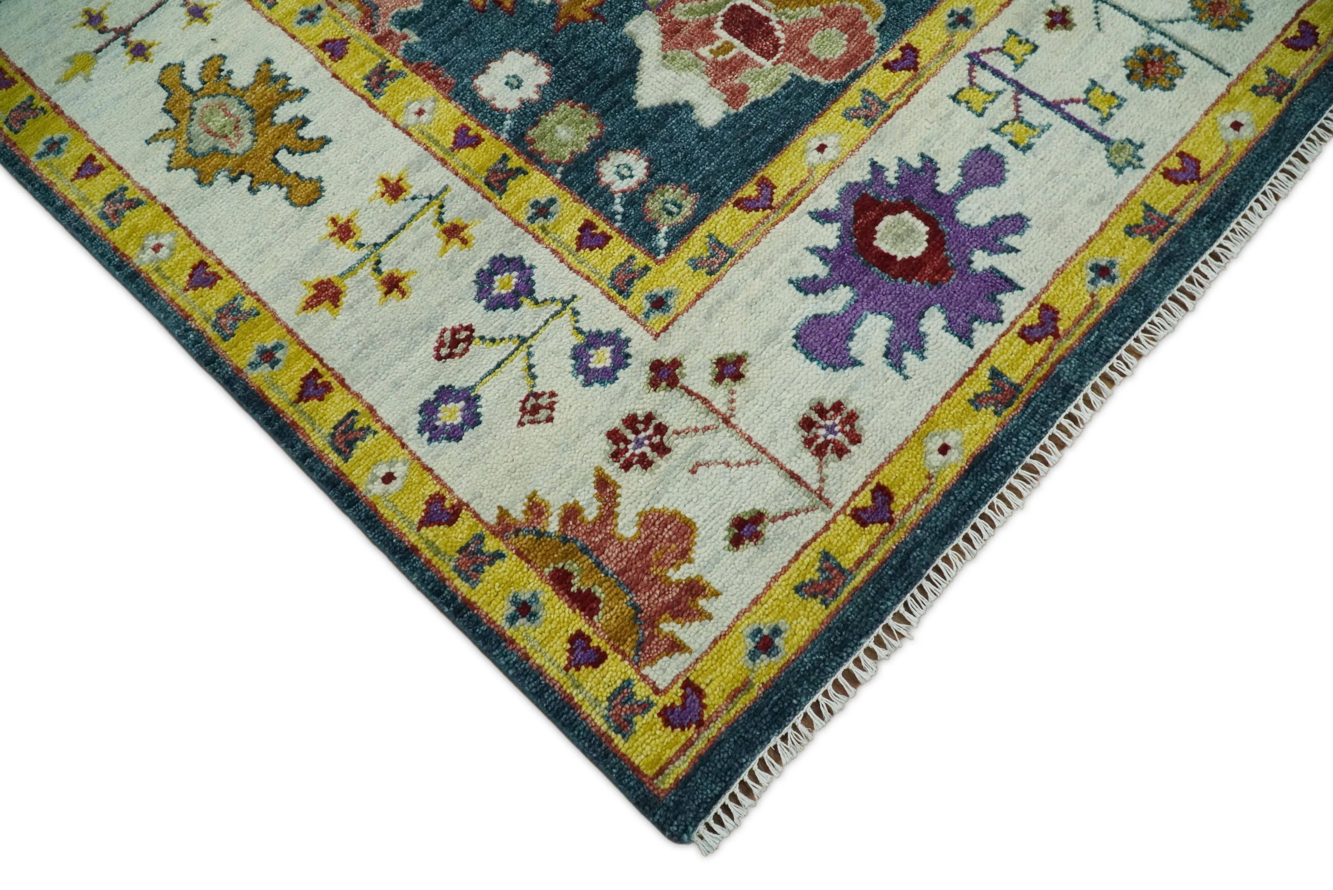Traditional Floral Teal, Ivory and Mustard Hand Knotted Oriental Oushak Multi Size wool Area Rug - Image 9