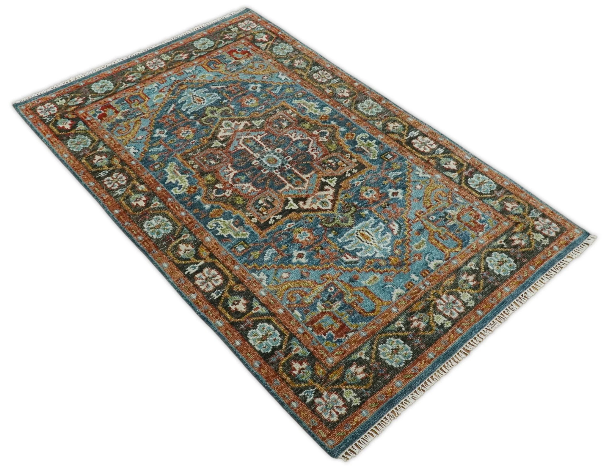 Eclectic 5x8 Wool Traditional Persian Blue and Brown Vibrant Colorful Hand knotted SerapiArea Rug | TRDCP19158 - Image 4