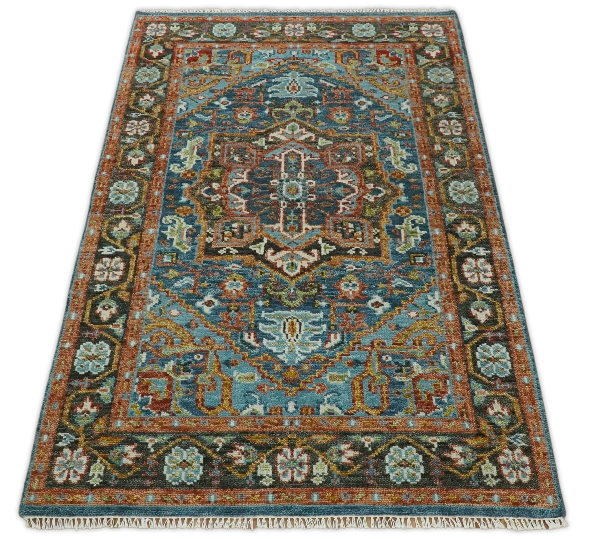 Eclectic 5x8 Wool Traditional Persian Blue and Brown Vibrant Colorful Hand knotted SerapiArea Rug | TRDCP19158 - Image 6