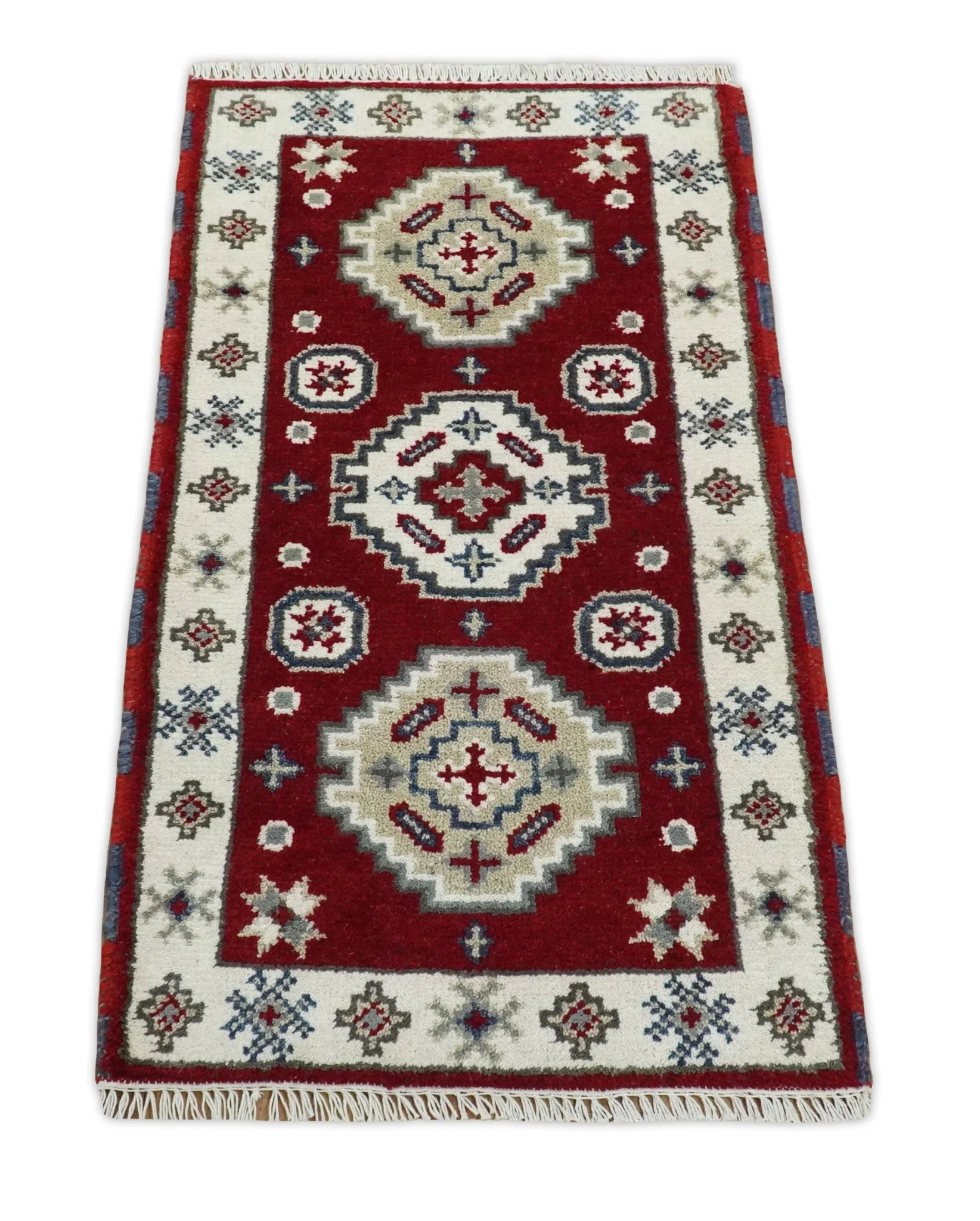Entryway 2x4 Red and Ivory Wool Hand Knotted traditional Persian Vintage Antique Southwestern Kazak | TRDCP28424 - Image 3