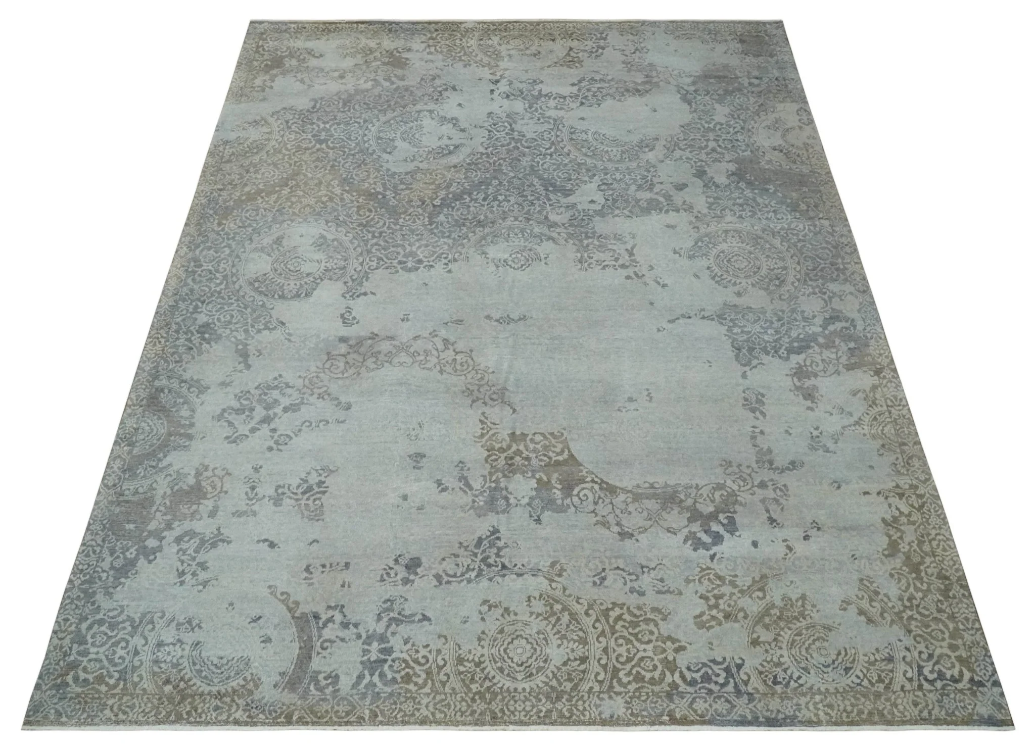 Erased Abstract 8x10 Silver, Blue and Brown Antique Style, Traditional Low Pile Hand Knotted Wool Rug - Image 10