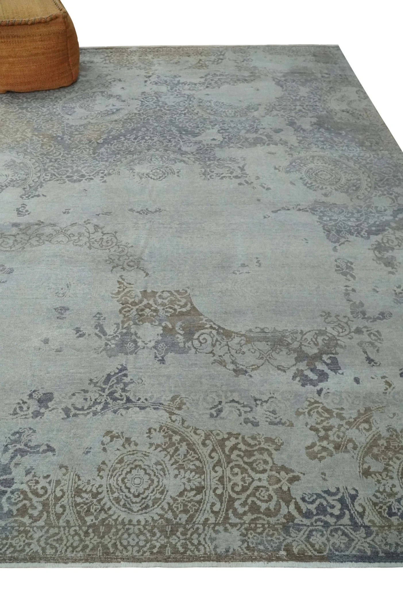 Erased Abstract 8x10 Silver, Blue and Brown Antique Style, Traditional Low Pile Hand Knotted Wool Rug - Image 3