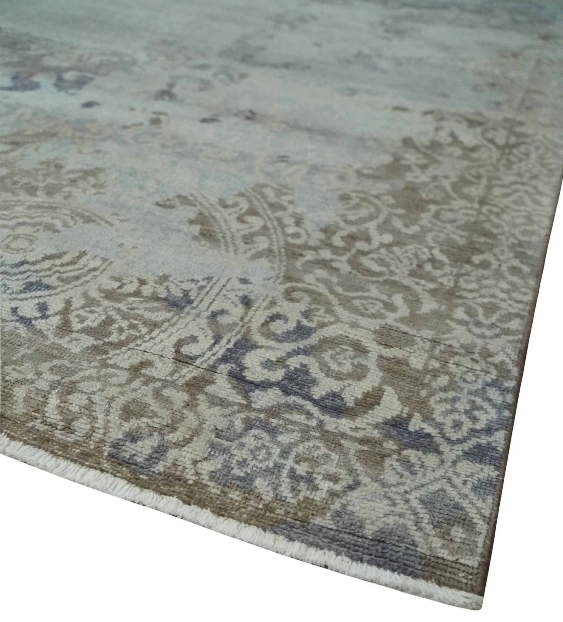 Erased Abstract 8x10 Silver, Blue and Brown Antique Style, Traditional Low Pile Hand Knotted Wool Rug - Image 5