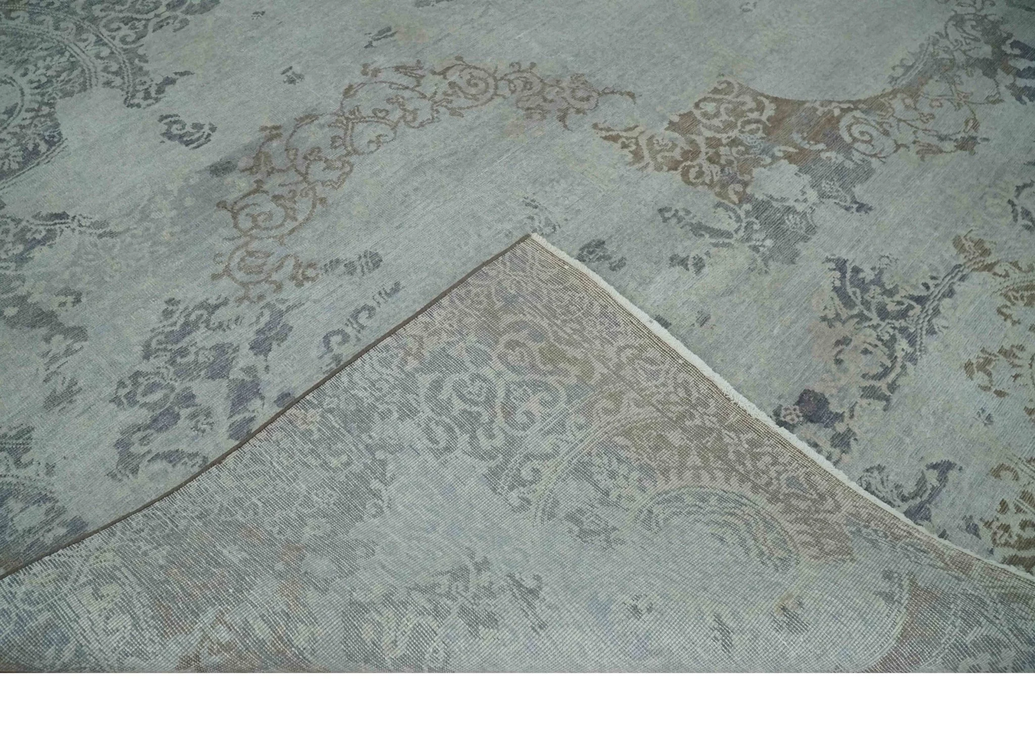 Erased Abstract 8x10 Silver, Blue and Brown Antique Style, Traditional Low Pile Hand Knotted Wool Rug - Image 6
