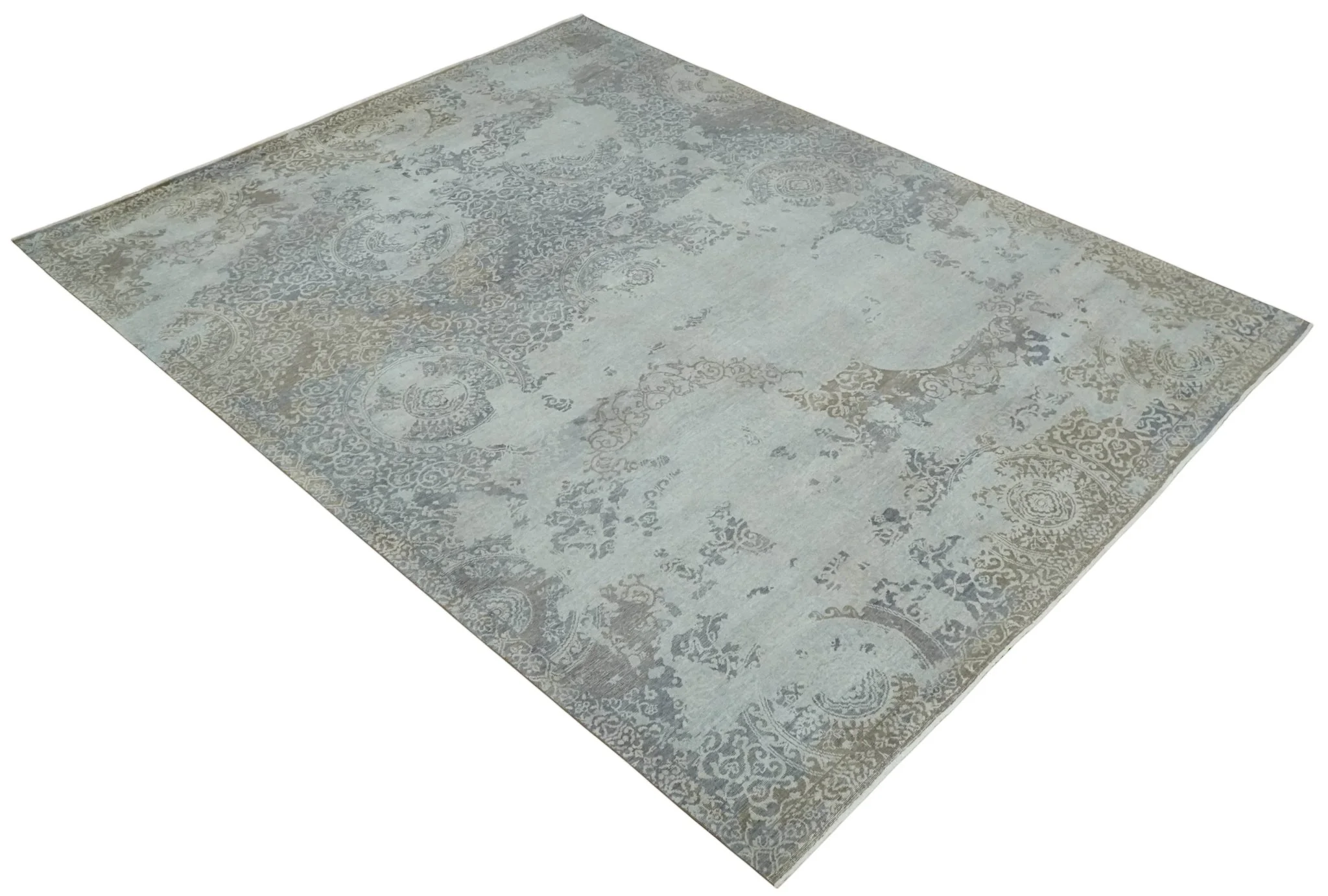 Erased Abstract 8x10 Silver, Blue and Brown Antique Style, Traditional Low Pile Hand Knotted Wool Rug - Image 9