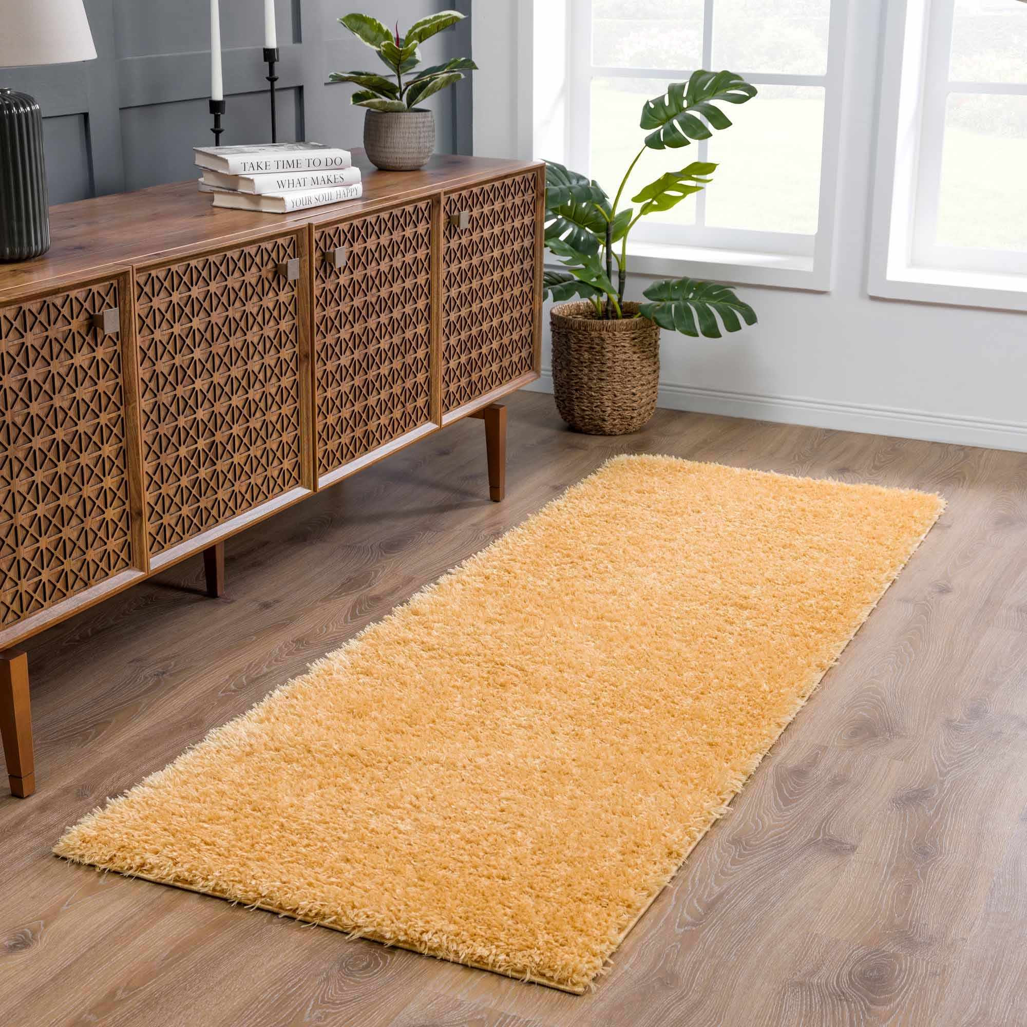Solid Machine Woven Peach Gold Plush wool area rug - Image 3