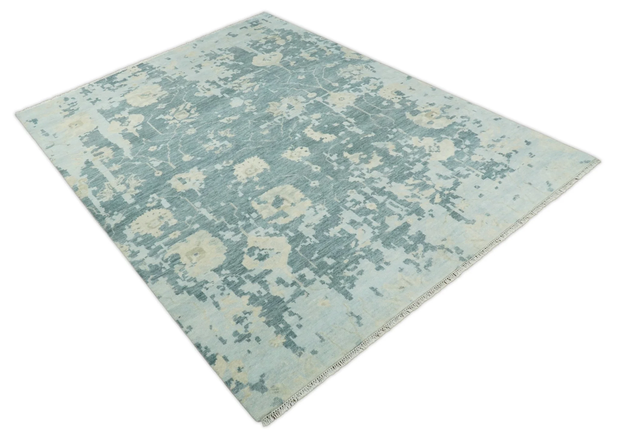 Fine Antique 8x10 Beige and Blue Abstract Hand Knotted Wool Area Rug | TRDCP506912 - Image 8