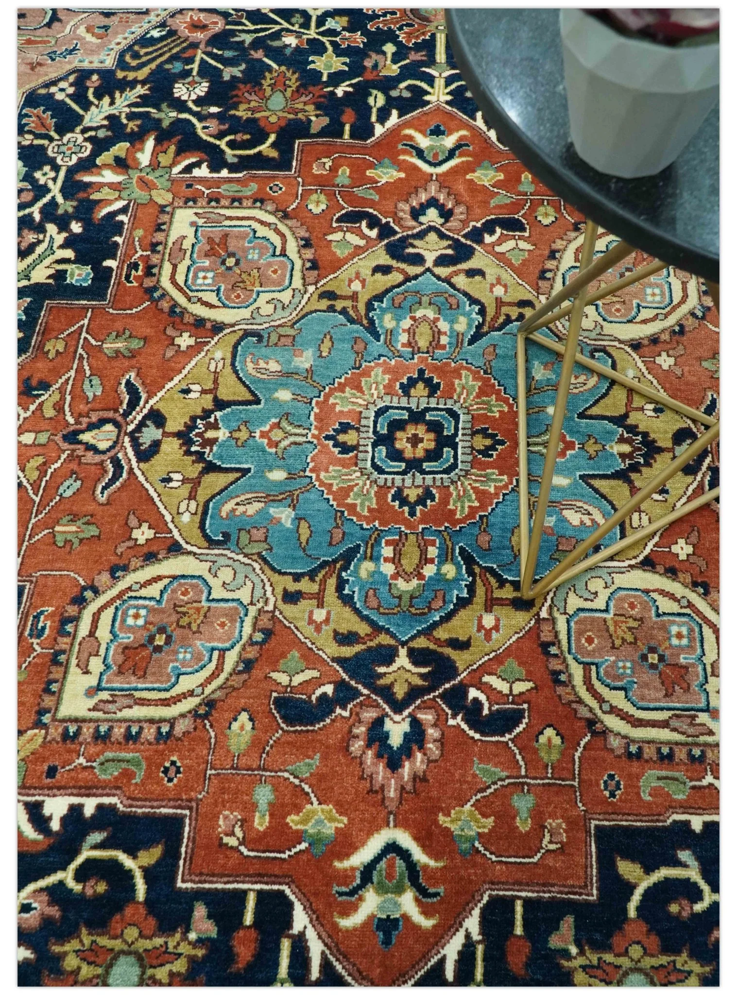 Fine Hand Knotted Rust and Blue Traditional Heriz Medallion 8x10 wool area rug - Image 2