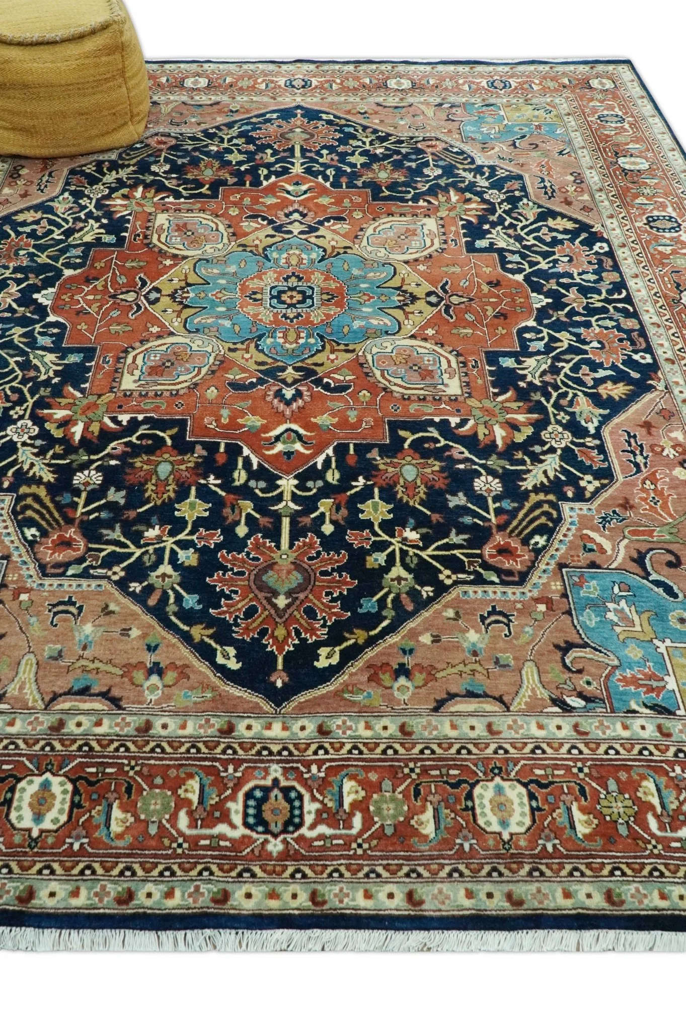 Fine Hand Knotted Rust and Blue Traditional Heriz Medallion 8x10 wool area rug - Image 3