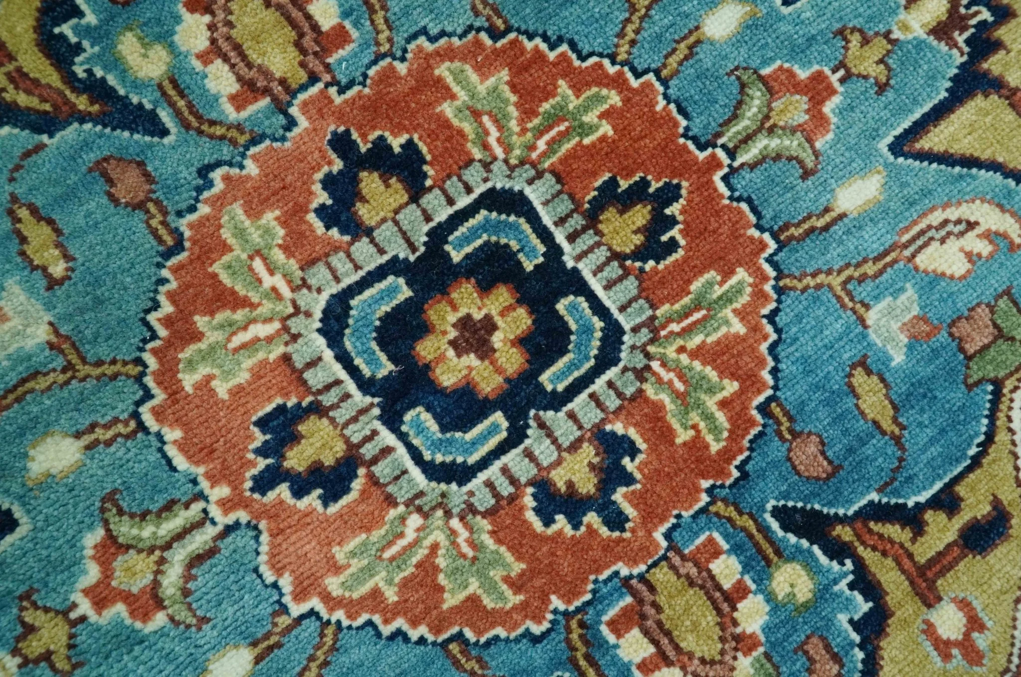 Fine Hand Knotted Rust and Blue Traditional Heriz Medallion 8x10 wool area rug - Image 4
