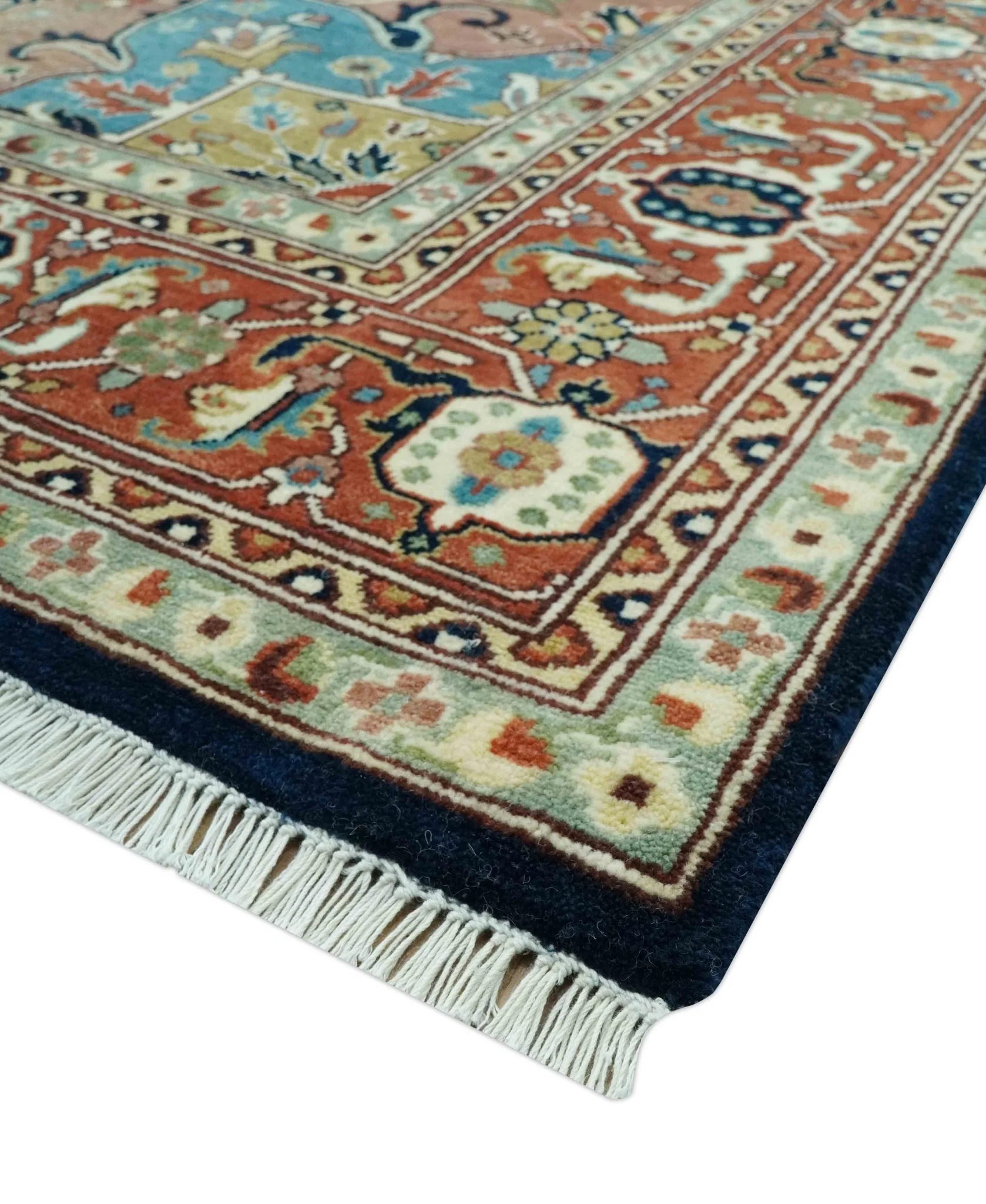 Fine Hand Knotted Rust and Blue Traditional Heriz Medallion 8x10 wool area rug - Image 5
