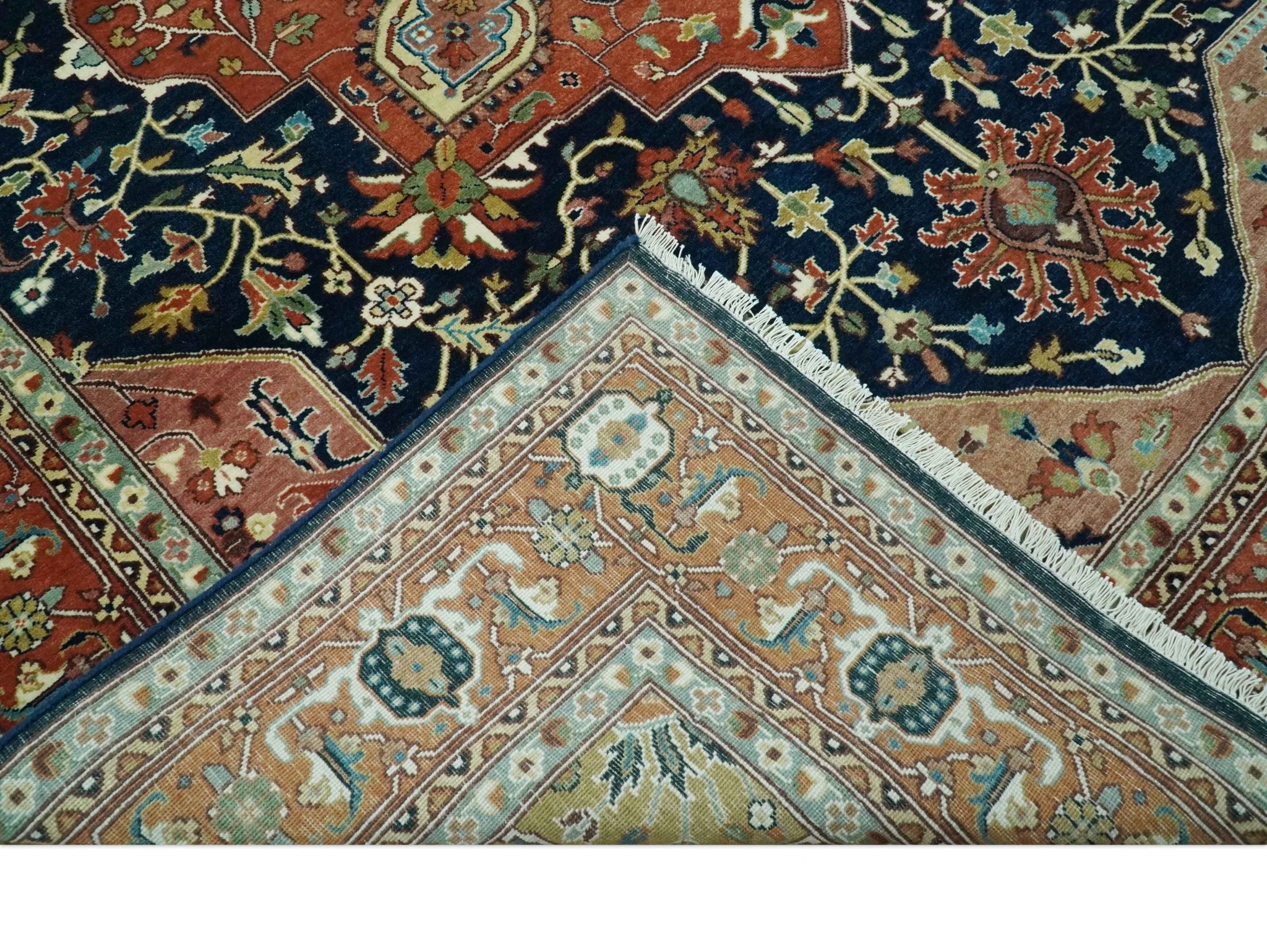 Fine Hand Knotted Rust and Blue Traditional Heriz Medallion 8x10 wool area rug - Image 7