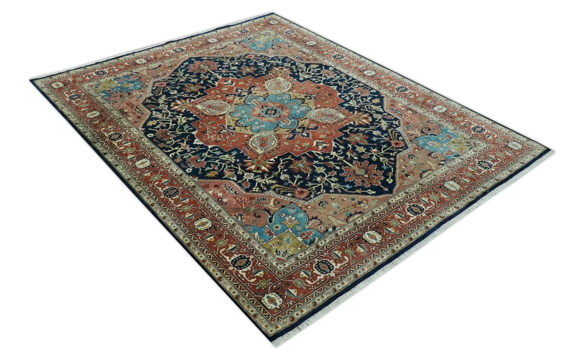Fine Hand Knotted Rust and Blue Traditional Heriz Medallion 8x10 wool area rug - Image 8