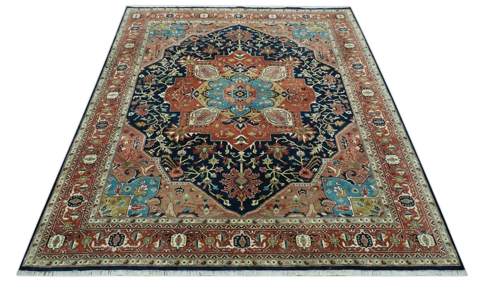 Fine Hand Knotted Rust and Blue Traditional Heriz Medallion 8x10 wool area rug - Image 9