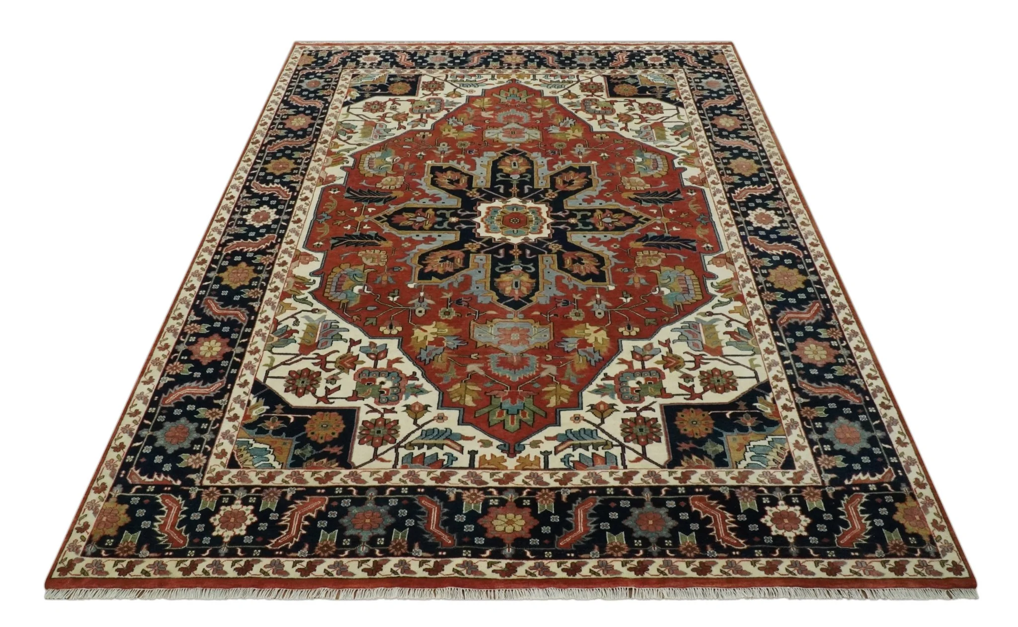 Fine Hand Knotted Rust, Ivory and Blue Floral Traditional Heriz 9x12 wool area rug - Image 10