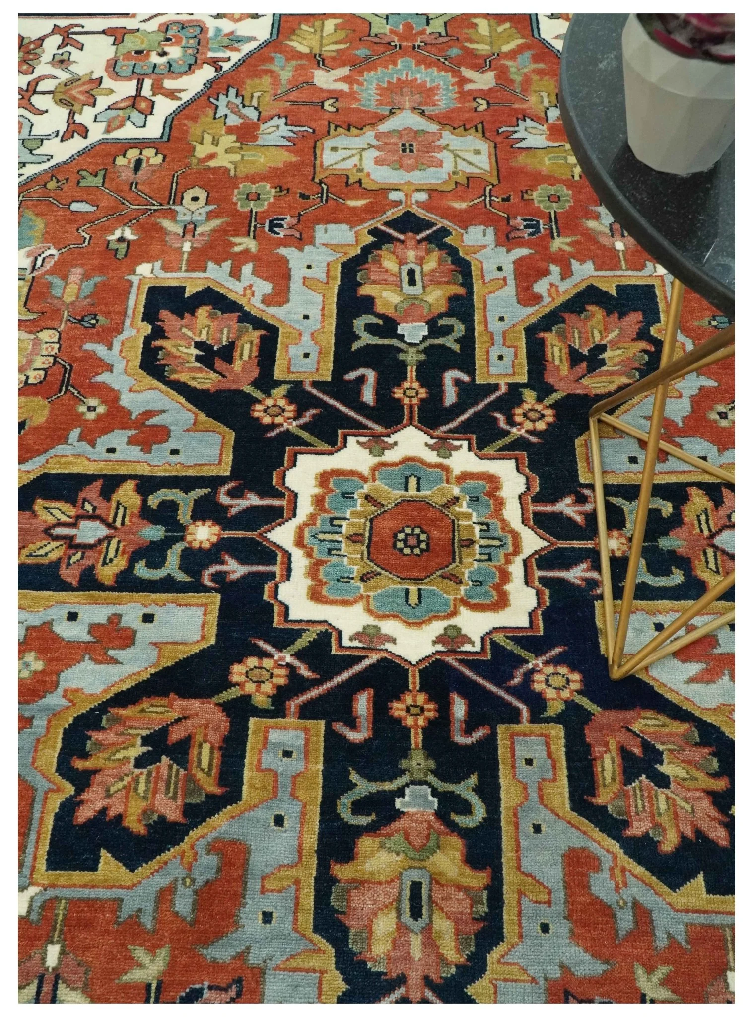 Fine Hand Knotted Rust, Ivory and Blue Floral Traditional Heriz 9x12 wool area rug - Image 2