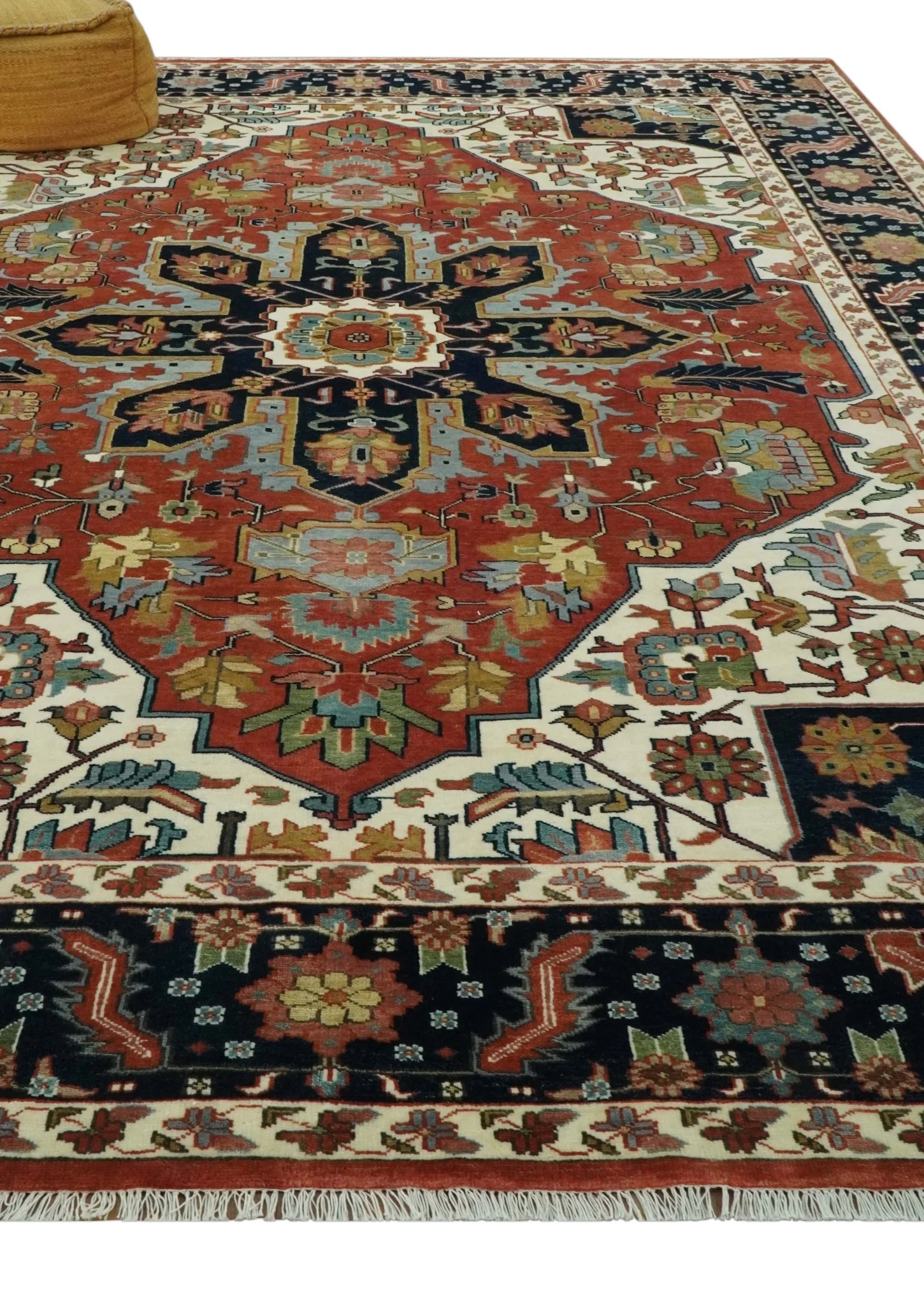 Fine Hand Knotted Rust, Ivory and Blue Floral Traditional Heriz 9x12 wool area rug - Image 3
