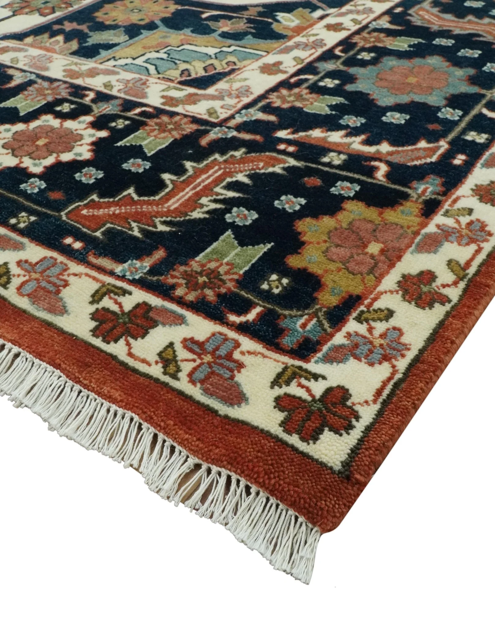 Fine Hand Knotted Rust, Ivory and Blue Floral Traditional Heriz 9x12 wool area rug - Image 5