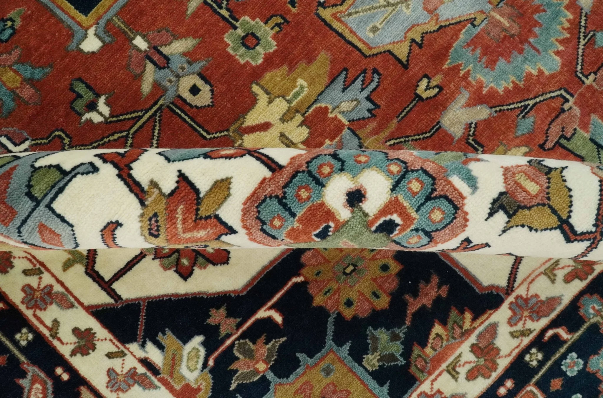 Fine Hand Knotted Rust, Ivory and Blue Floral Traditional Heriz 9x12 wool area rug - Image 6