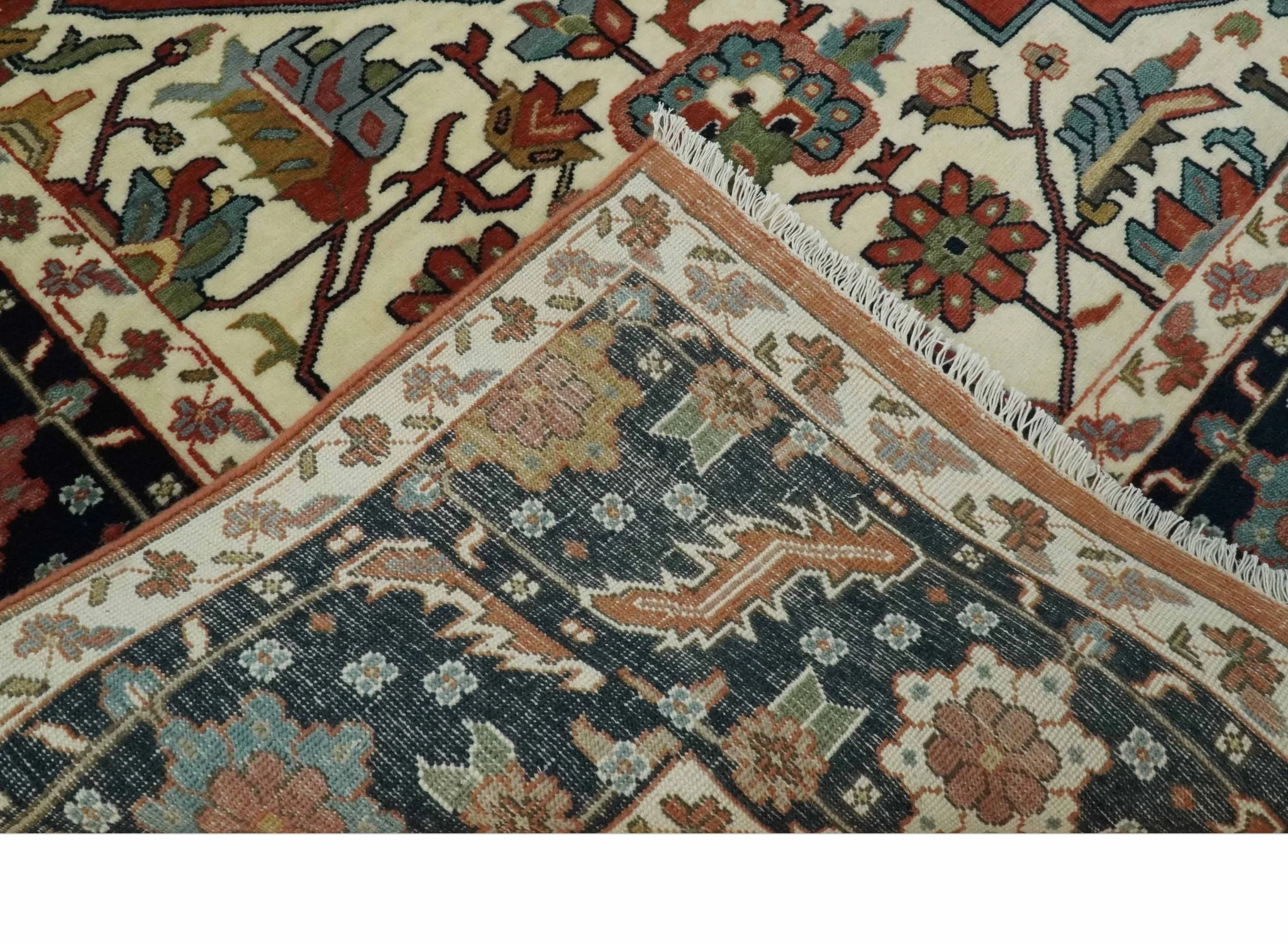 Fine Hand Knotted Rust, Ivory and Blue Floral Traditional Heriz 9x12 wool area rug - Image 7