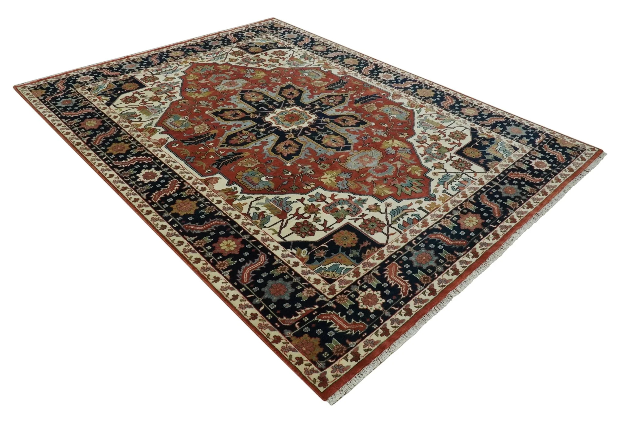 Fine Hand Knotted Rust, Ivory and Blue Floral Traditional Heriz 9x12 wool area rug - Image 9