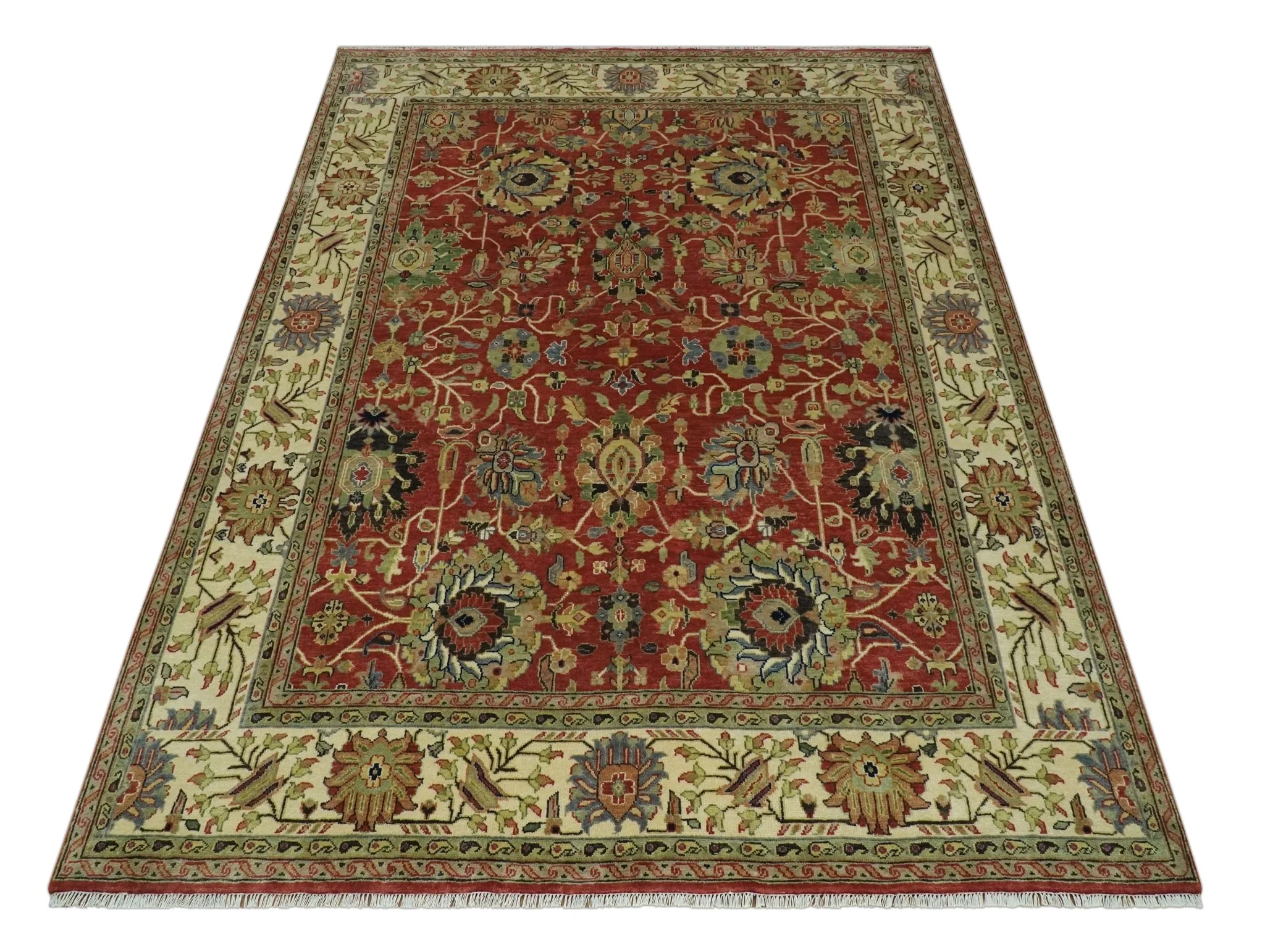 Fine Hand Knotted Vintage Style 8x10  Rust, Olive and Beige Traditional Serapi wool rug - Image 10