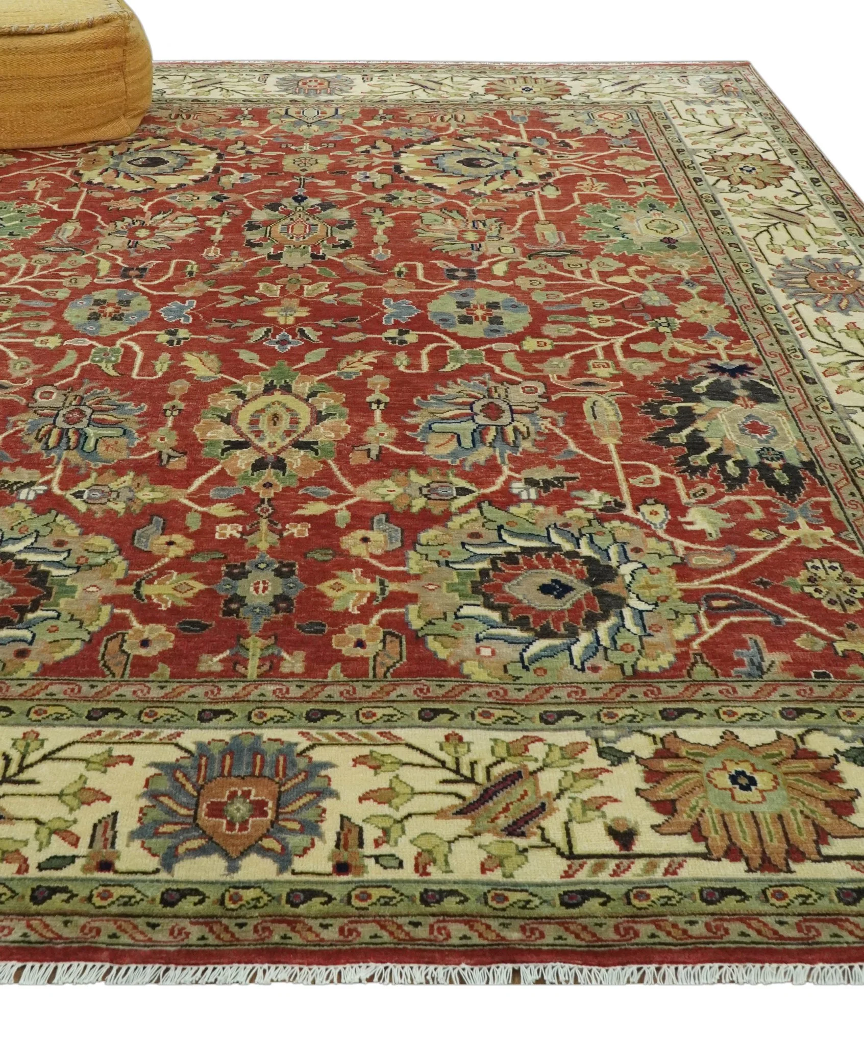 Fine Hand Knotted Vintage Style 8x10  Rust, Olive and Beige Traditional Serapi wool rug - Image 3