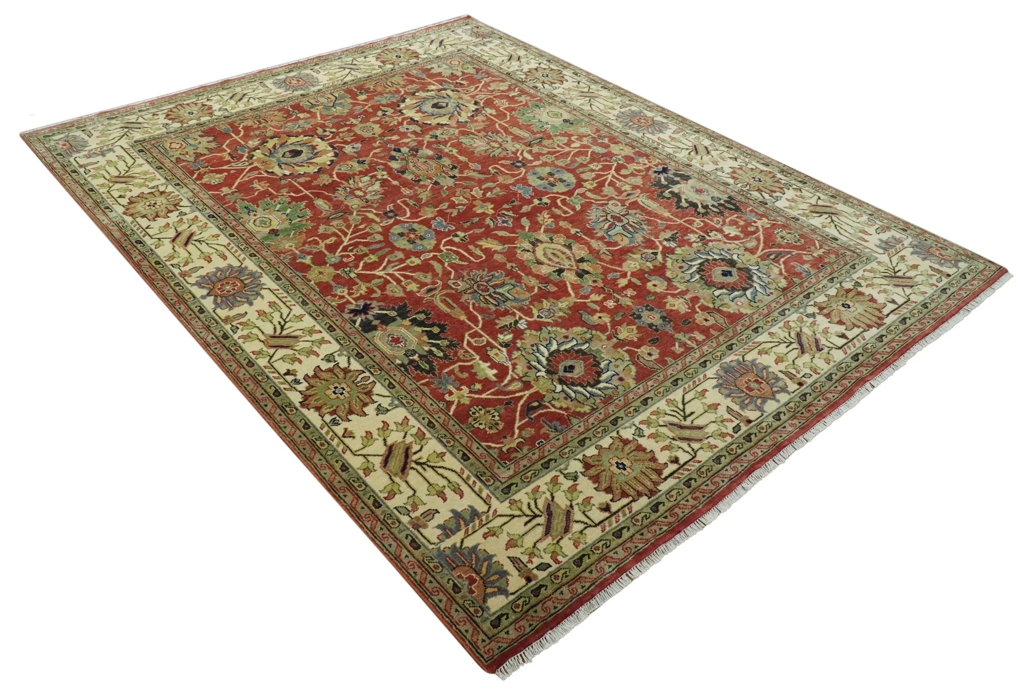 Fine Hand Knotted Vintage Style 8x10  Rust, Olive and Beige Traditional Serapi wool rug - Image 9