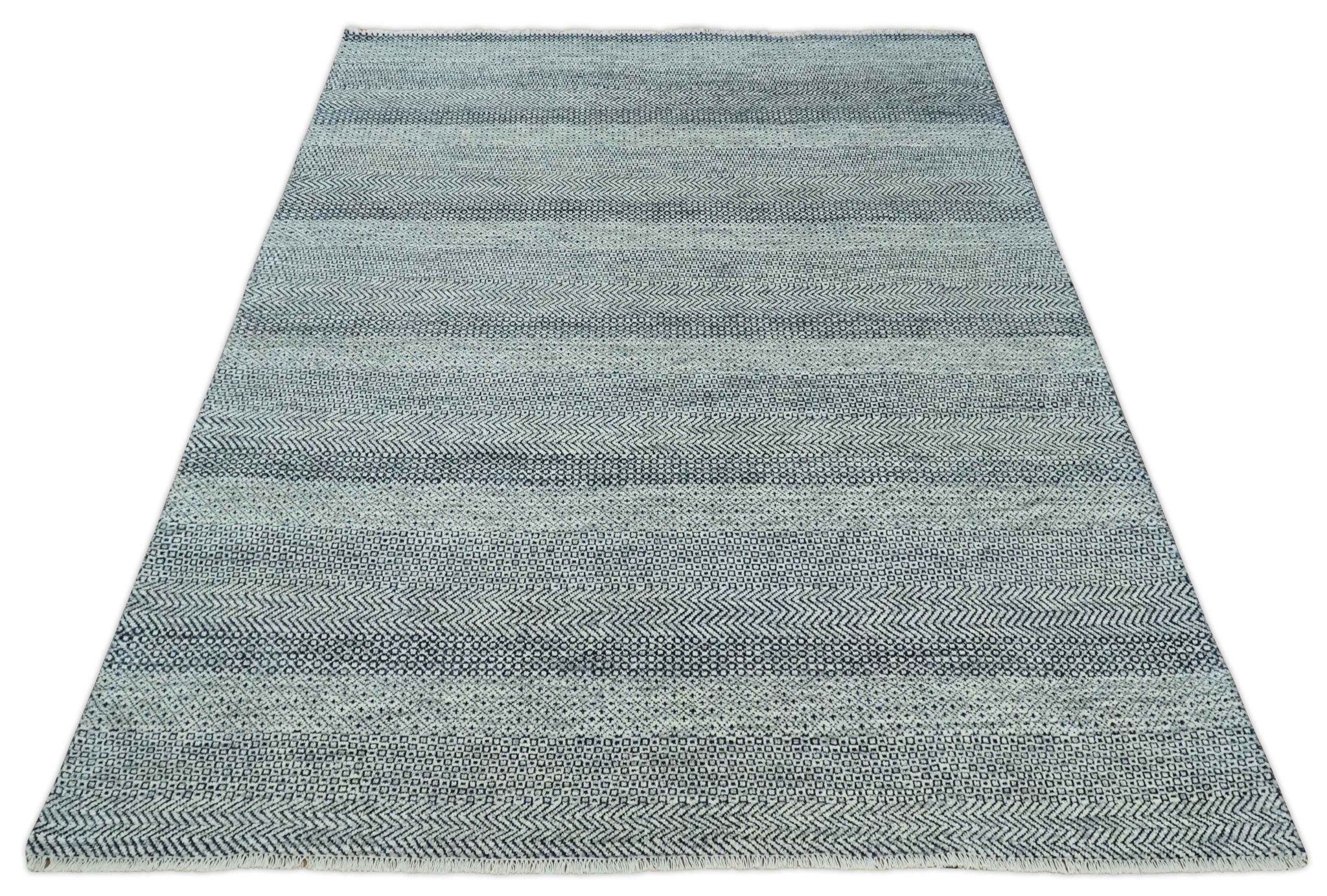 8x10 Hand Knotted Modern Geometric Trellis Scandinavian Blue, Ivory and Silver Wool Area Rug | TRDCP938810 - Image 11